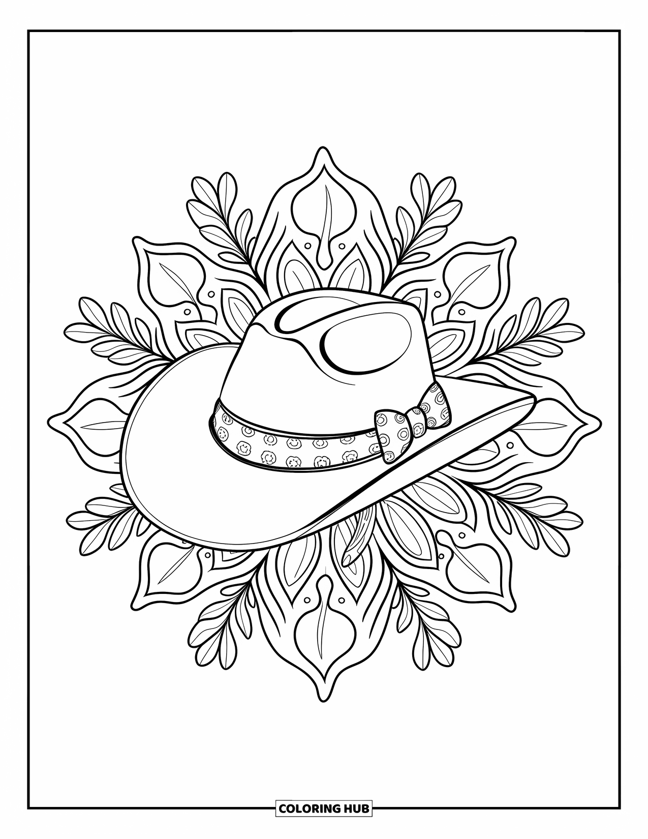 Cowboy Hat Preppy Coloring Page for Adults: A cowboy hat with ribbon bow is framed by botanical mandala patterns