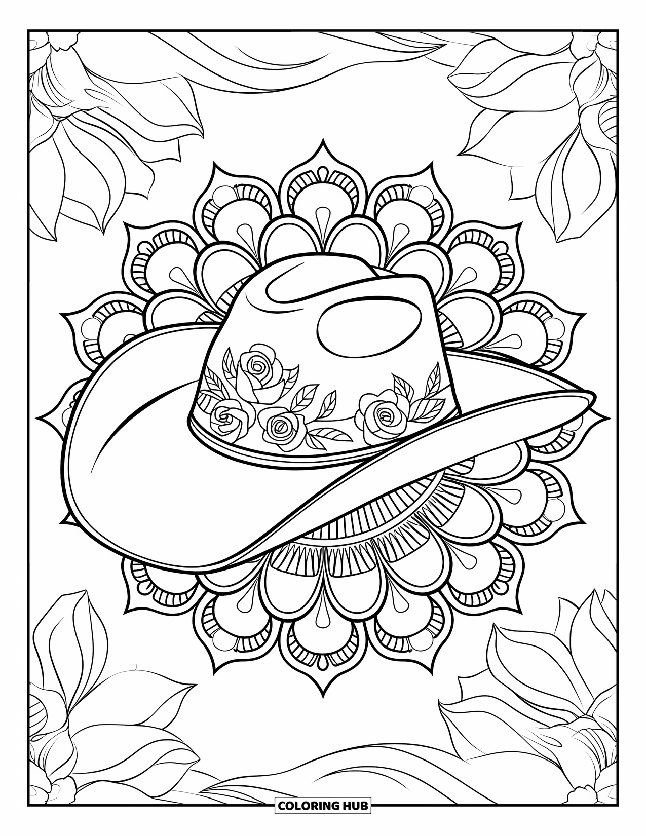 Cowboy Hat Preppy Coloring Page for Adults: A cowboy hat with roses is framed by a floral mandala design
