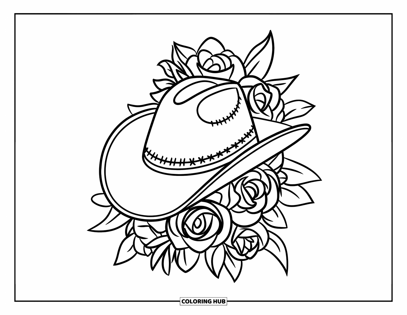 Cowboy Hat Preppy Coloring Page for Adults: A cowboy hat with stitched star patterns is encircled by roses and lilies