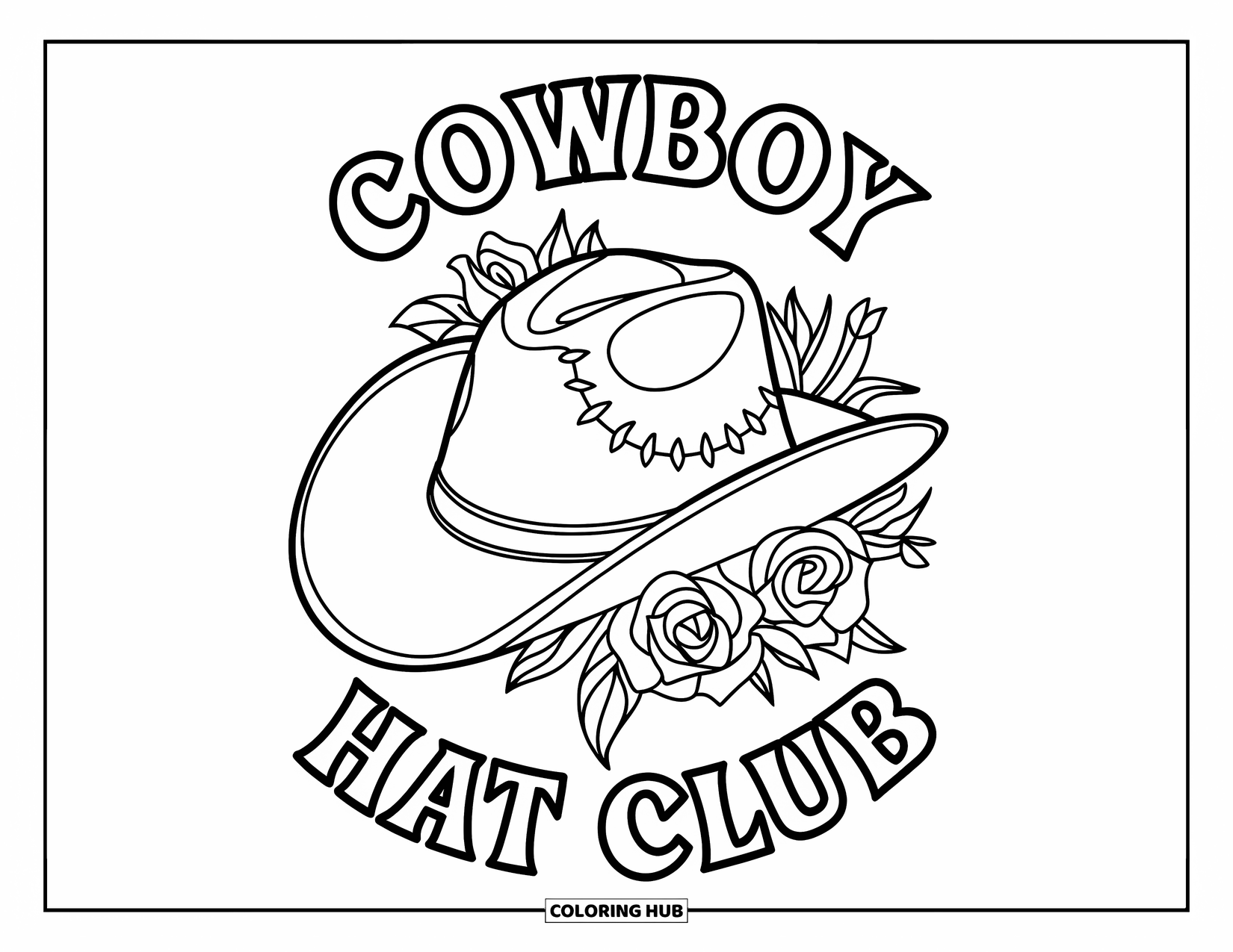 Cowboy Hat Preppy Coloring Page for Adults: A cowboy hat with stitched stars is surrounded by roses, lilies, and bold text