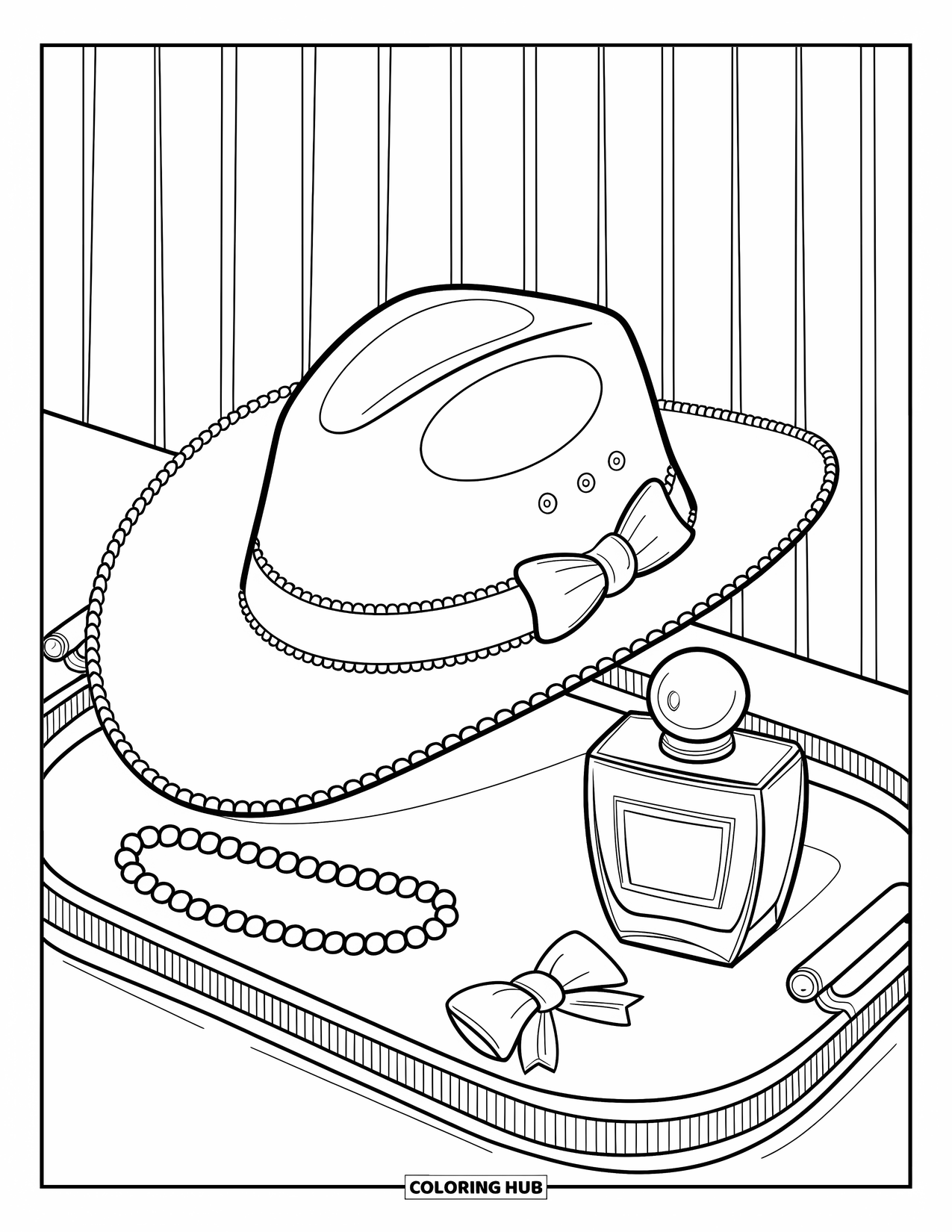 Cowboy Hat Preppy Coloring Page for Adults: A scalloped-ribbon cowboy hat rests on a tray beside pearls and a bow accessory