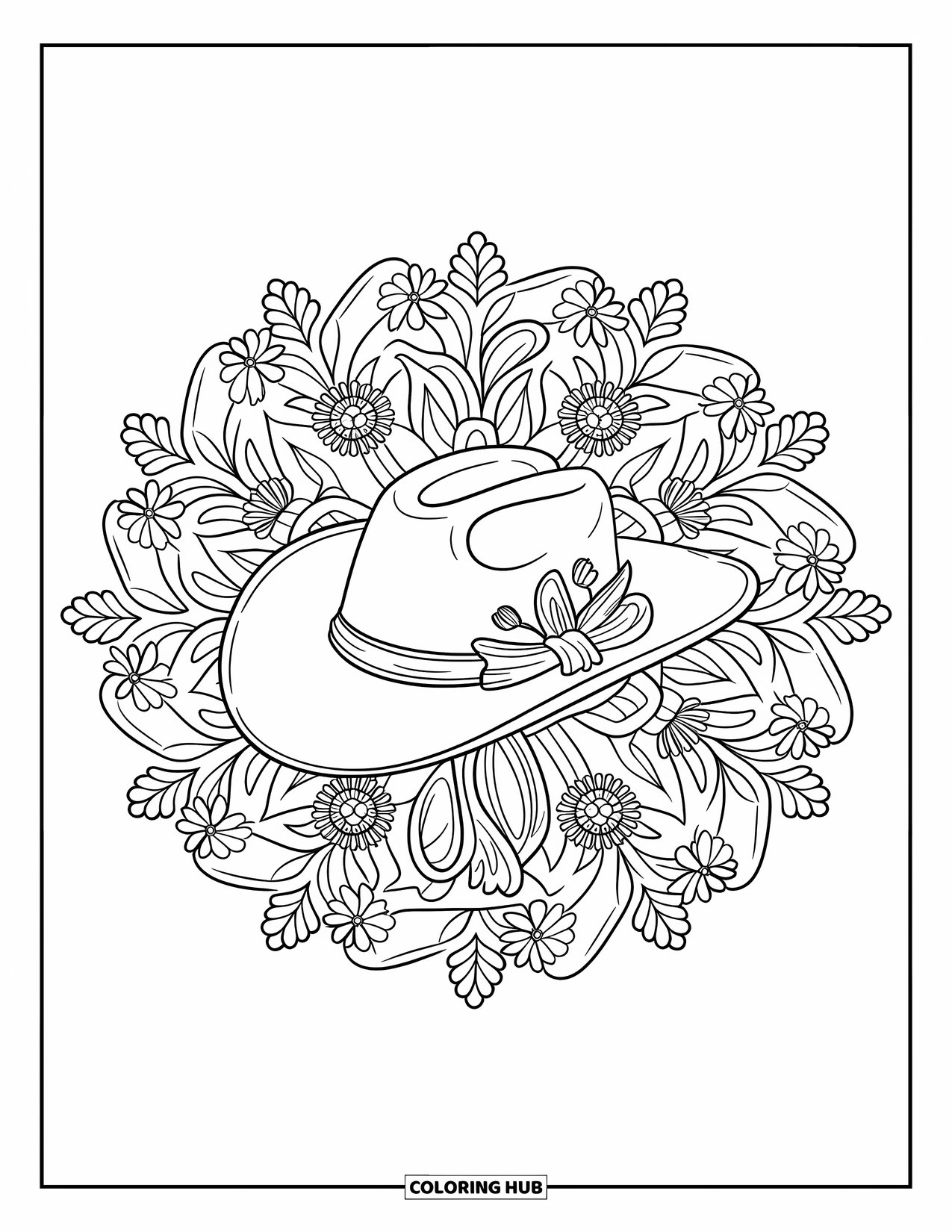 Cowboy Hat Preppy Coloring Page for Adults: Ribbon-banded cowboy hat sits in a floral mandala filled with leaves and flowers