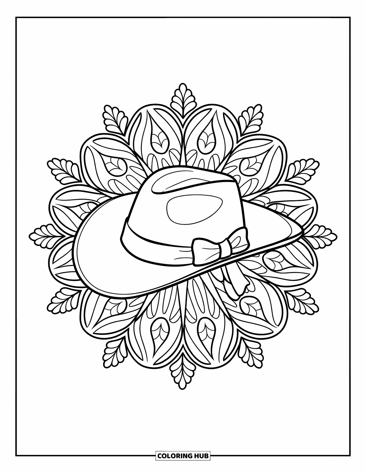 Cowboy Hat Preppy Coloring Page for Adults: Ribbon-bowed cowboy hat rests inside a leafy floral mandala