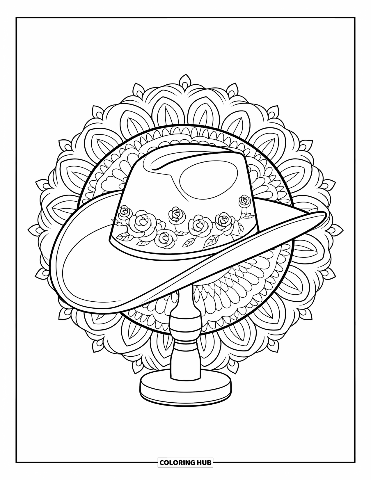 Cowboy Hat Preppy Coloring Page for Adults: Rose-embroidered cowboy hat on a stand is framed by a floral mandala