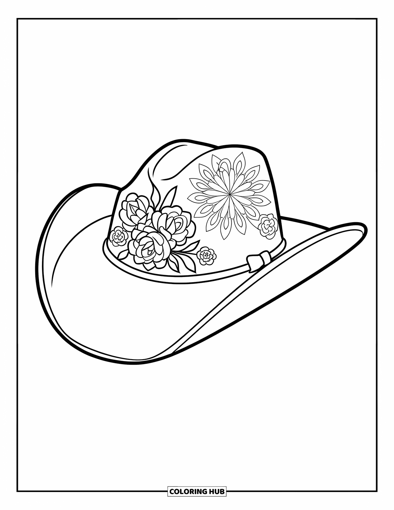Cowboy Hat Preppy Coloring Page for Adults: Rose-embroidered cowboy hat sits with a floral mandala pattern