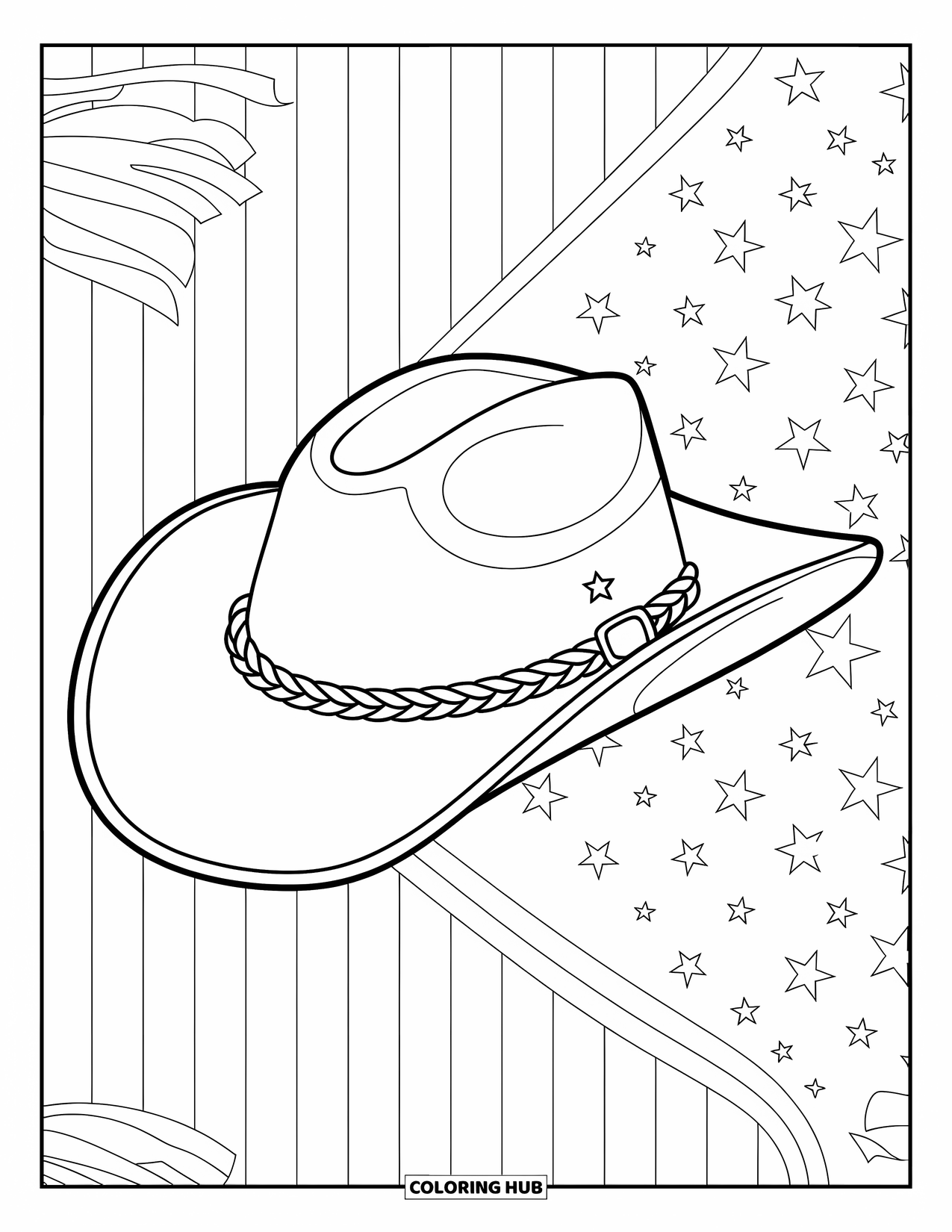 Cowboy Hat Preppy Coloring Page for Kids: A cowboy hat with a braided rope band rests on a striped patterned backdrop