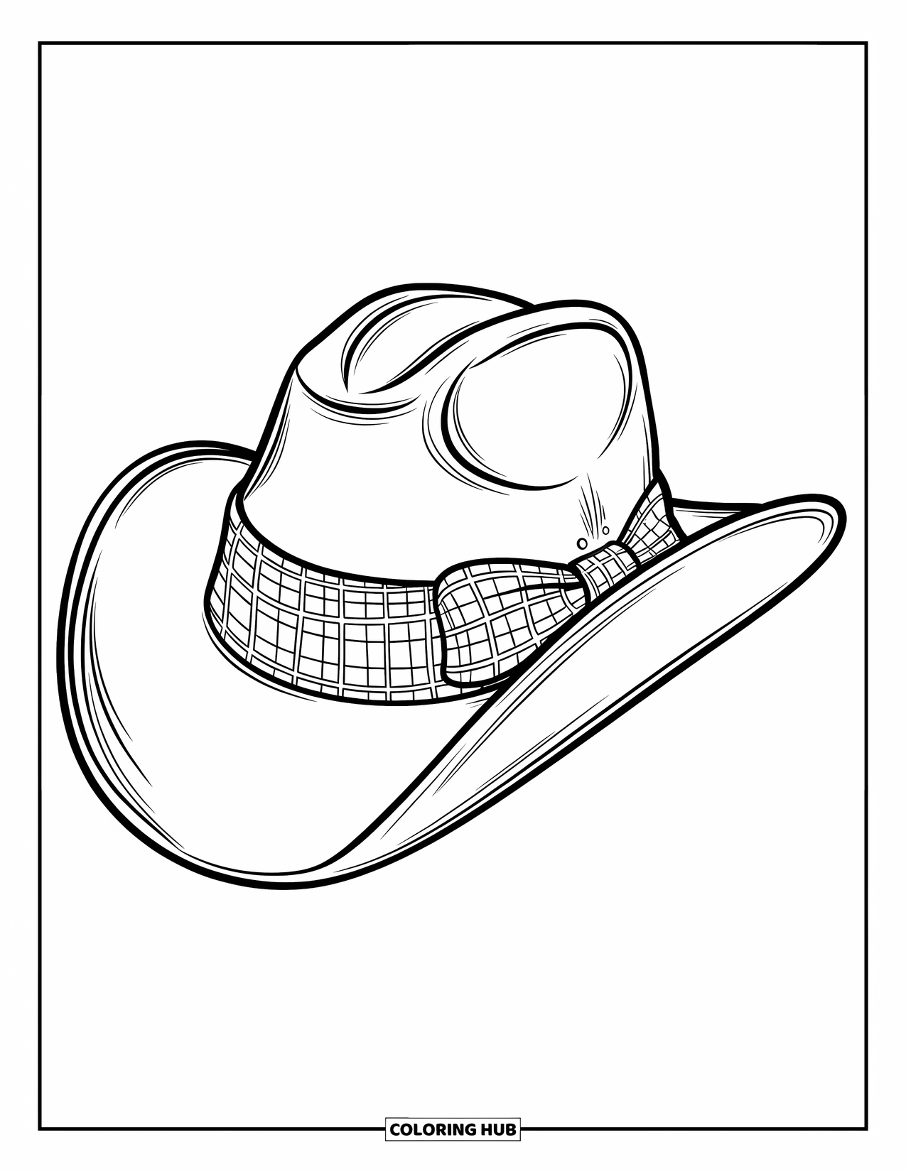 Cowboy Hat Preppy Coloring Page for Kids: A cowboy hat with a gingham ribbon is detailed with bold, crisp outlines