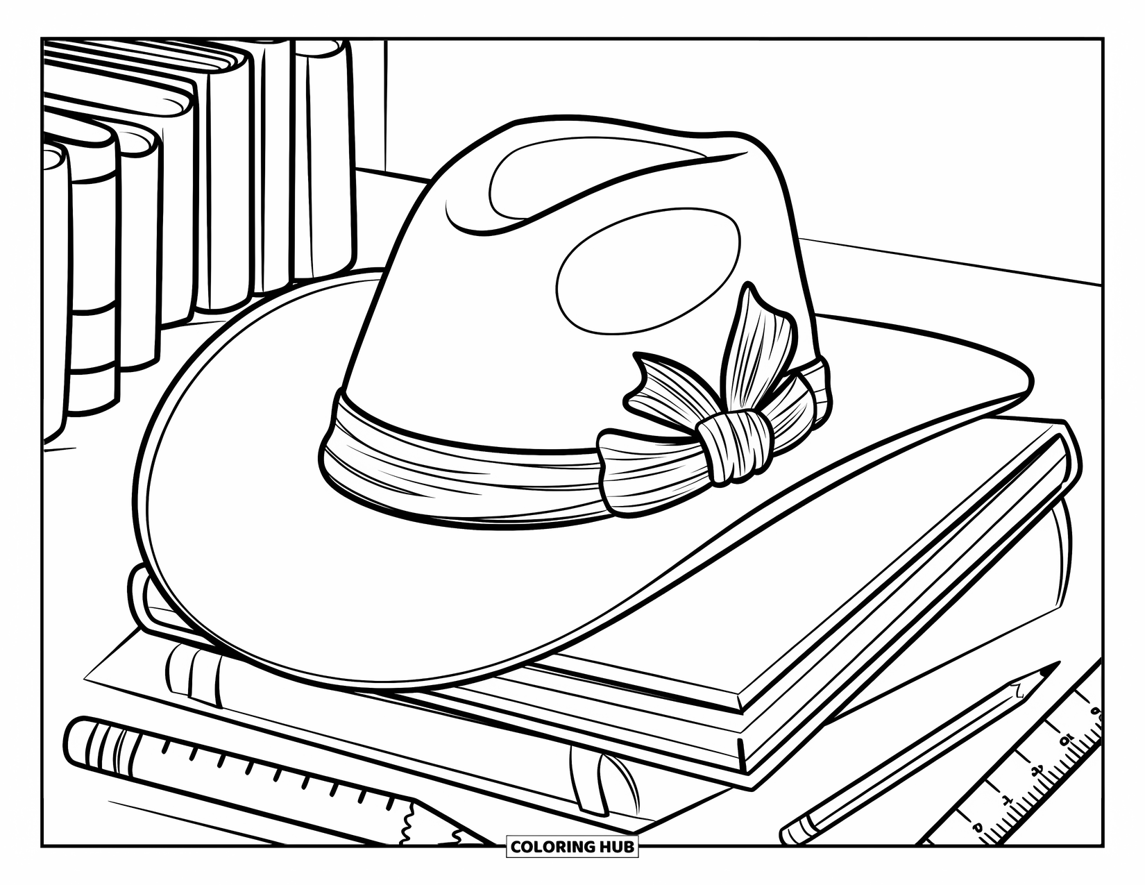 Cowboy Hat Preppy Coloring Page for Kids: A cowboy hat with a knotted ribbon sits atop a stack of books