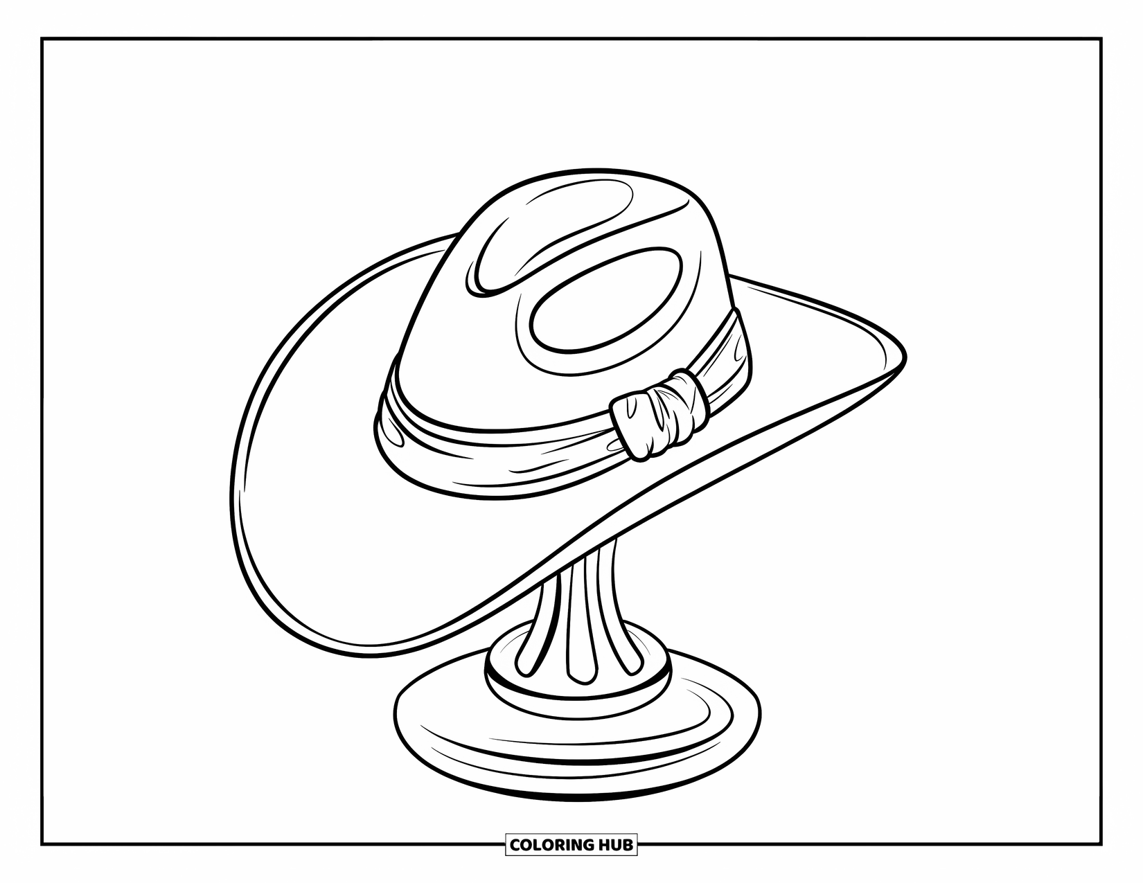 Cowboy Hat Preppy Coloring Page for Kids: A cowboy hat with a knotted ribbon sits neatly on a pedestal