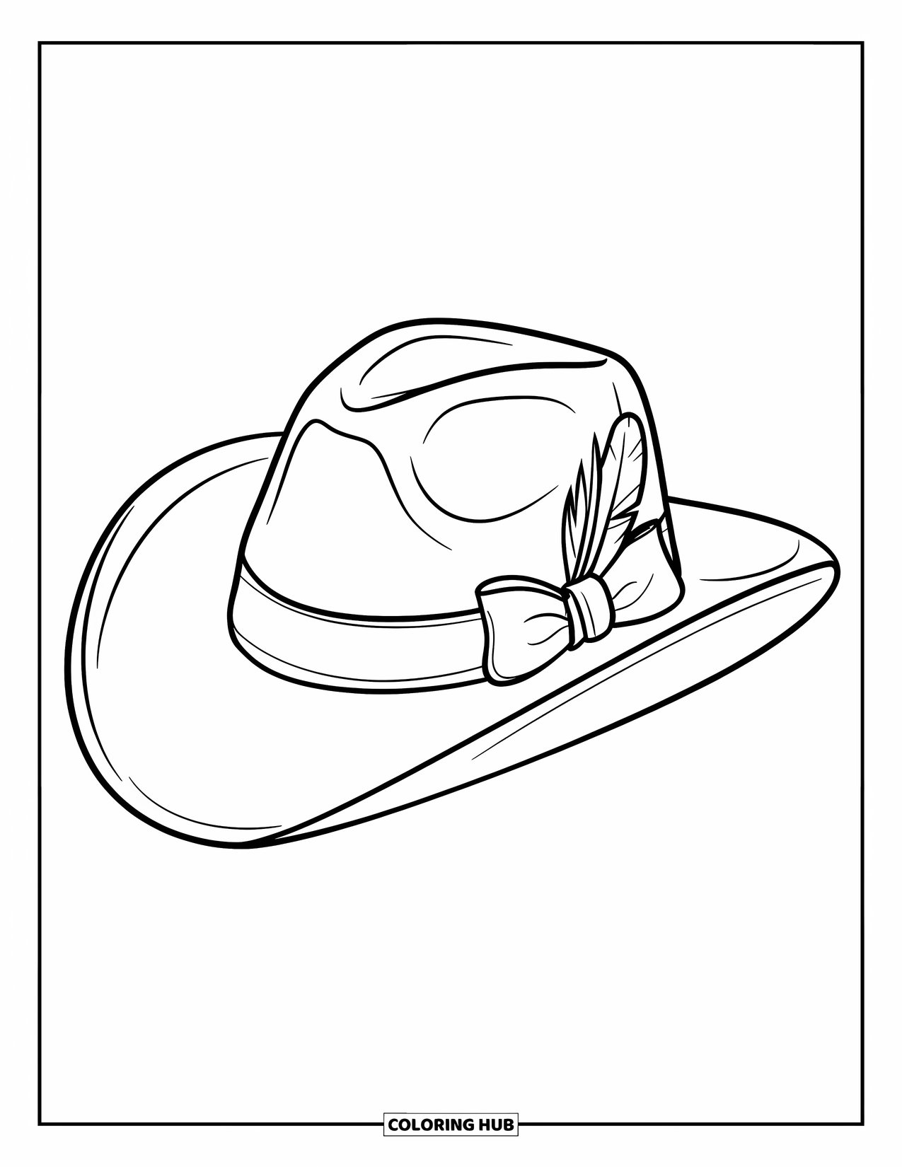 Cowboy Hat Preppy Coloring Page for Kids: A cowboy hat with a ribbon and large feather rests on a plain background