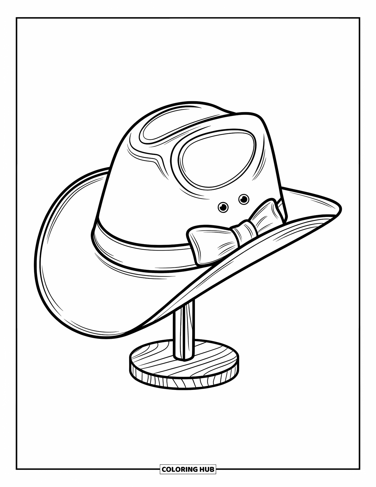 Cowboy Hat Preppy Coloring Page for Kids: A cowboy hat with a ribbon bow rests neatly on a wooden stand