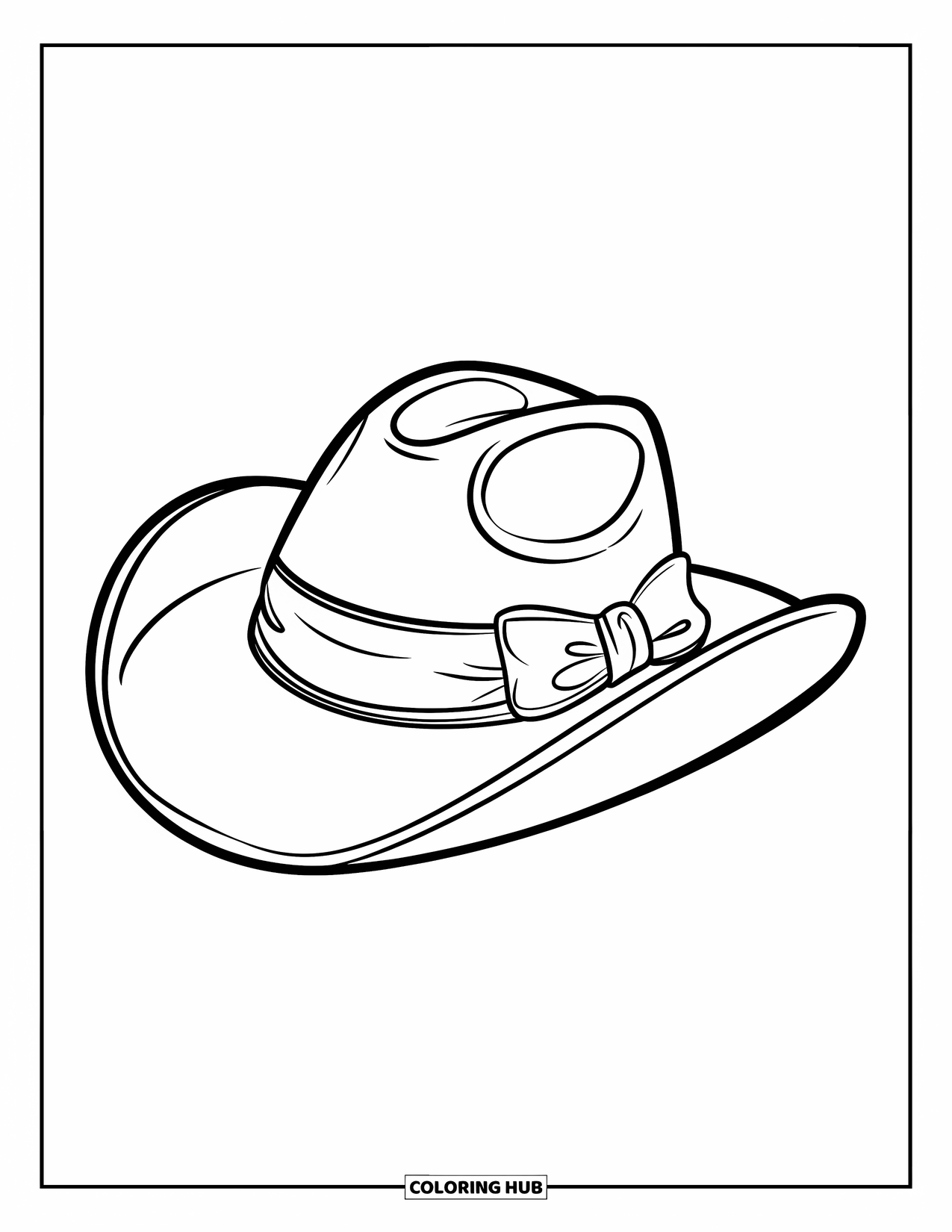 Cowboy Hat Preppy Coloring Page for Kids: A cowboy hat with a ribbon bow tilts slightly to the side