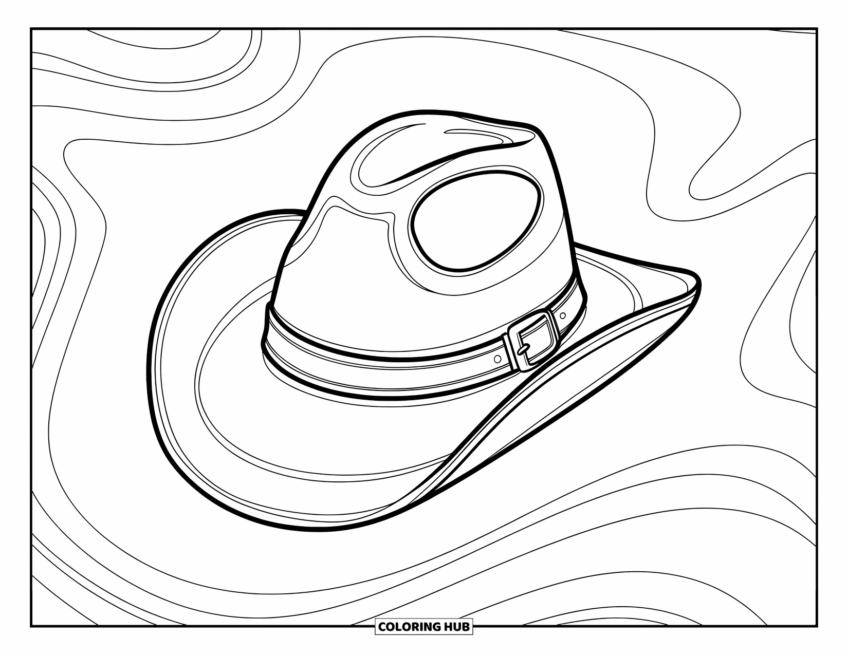 Cowboy Hat Preppy Coloring Page for Kids: A cowboy hat with a small buckle rests against a white background