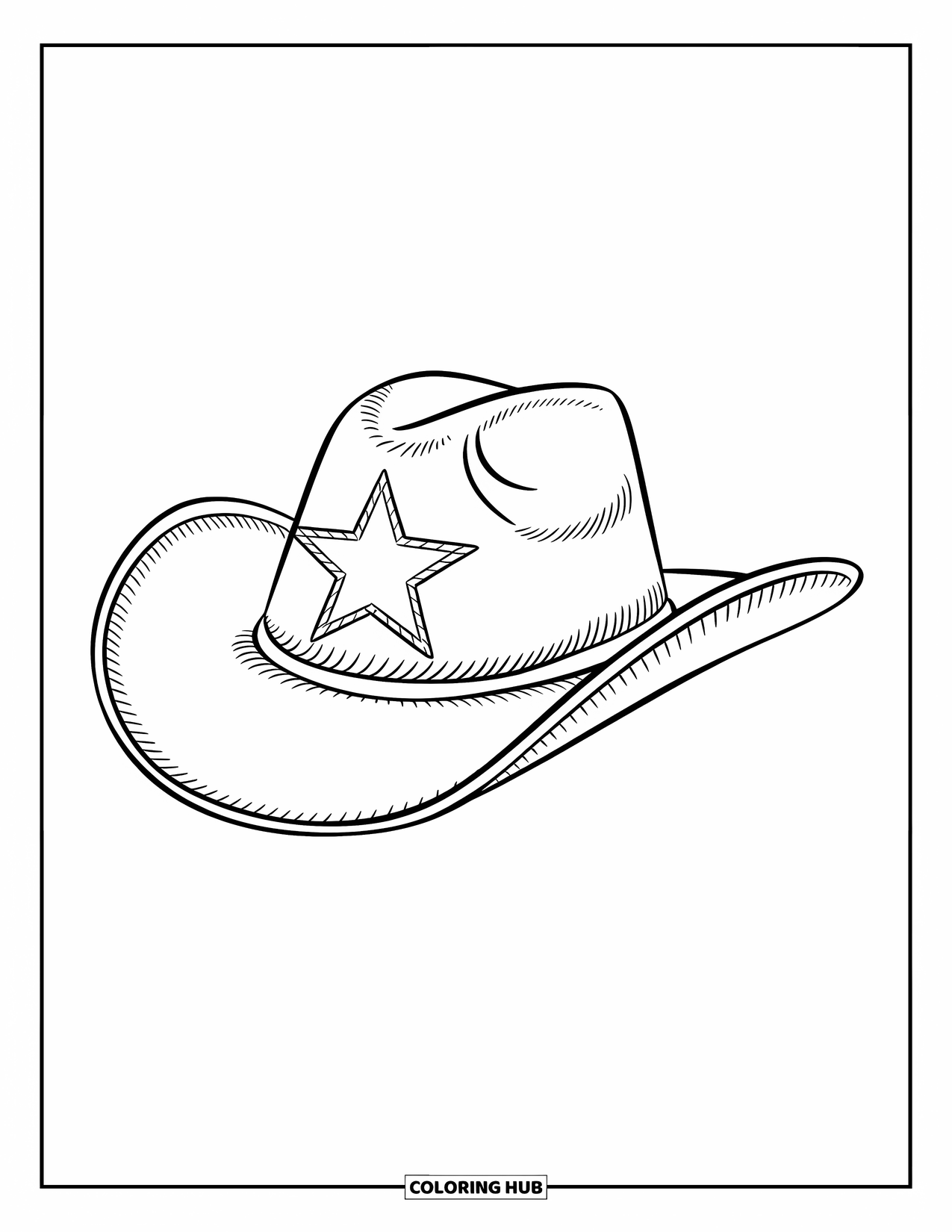 Cowboy Hat Preppy Coloring Page for Kids: A cowboy hat with a stitched star is designed with simple bold lines