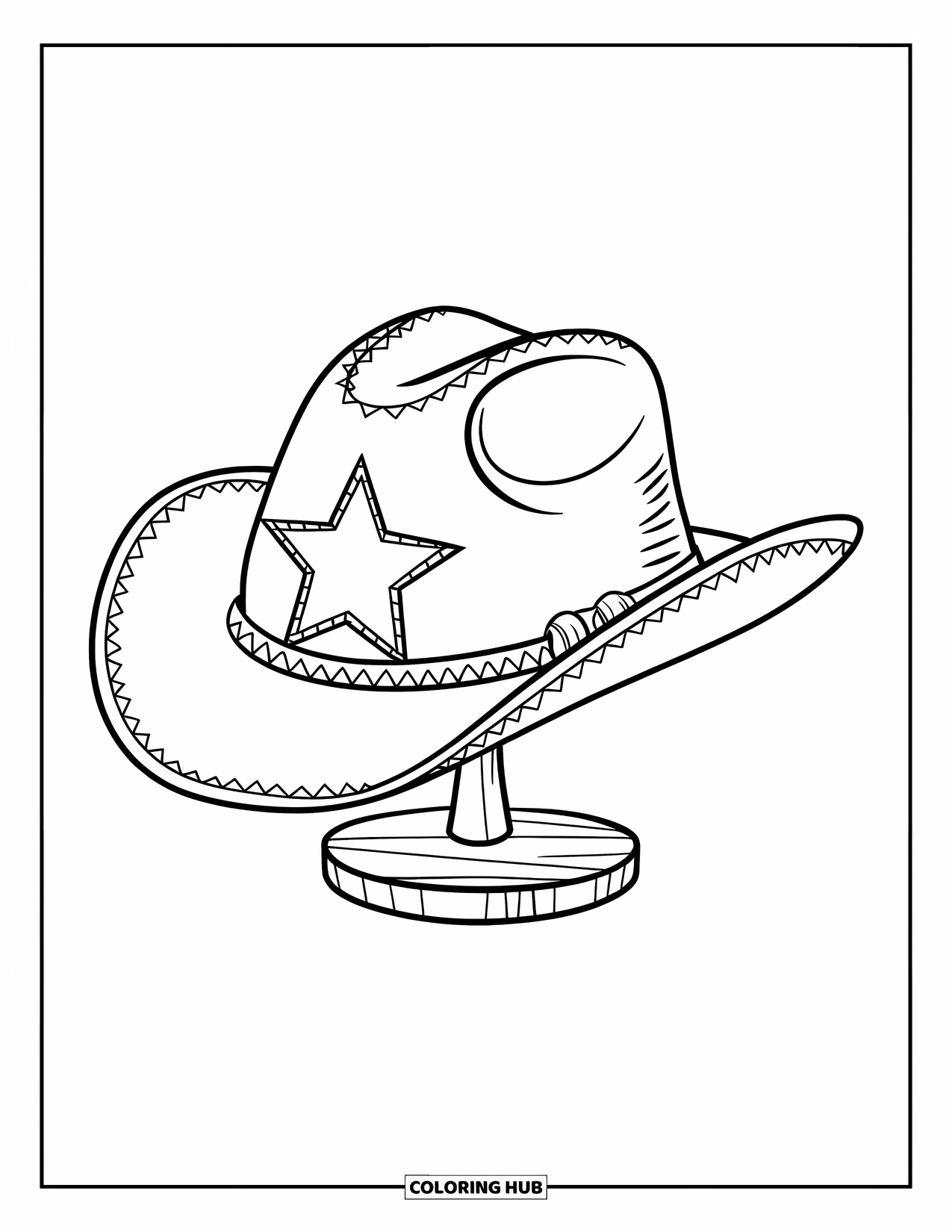 Cowboy Hat Preppy Coloring Page for Kids: A cowboy hat with a stitched star rests on a wooden stand