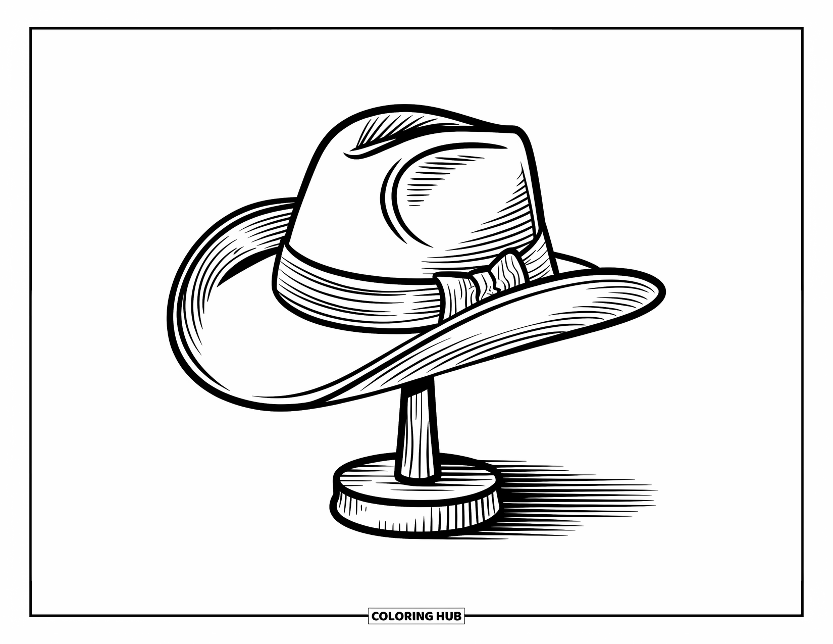 Cowboy Hat Preppy Coloring Page for Kids: A cowboy hat with a striped sash hangs neatly on a wooden stand