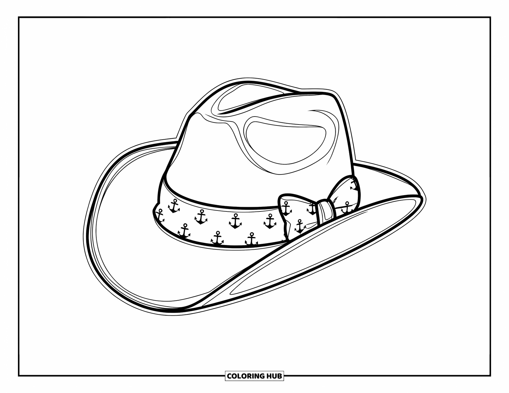Cowboy Hat Preppy Coloring Page for Kids: A cowboy hat with an anchor ribbon rests on a plain background