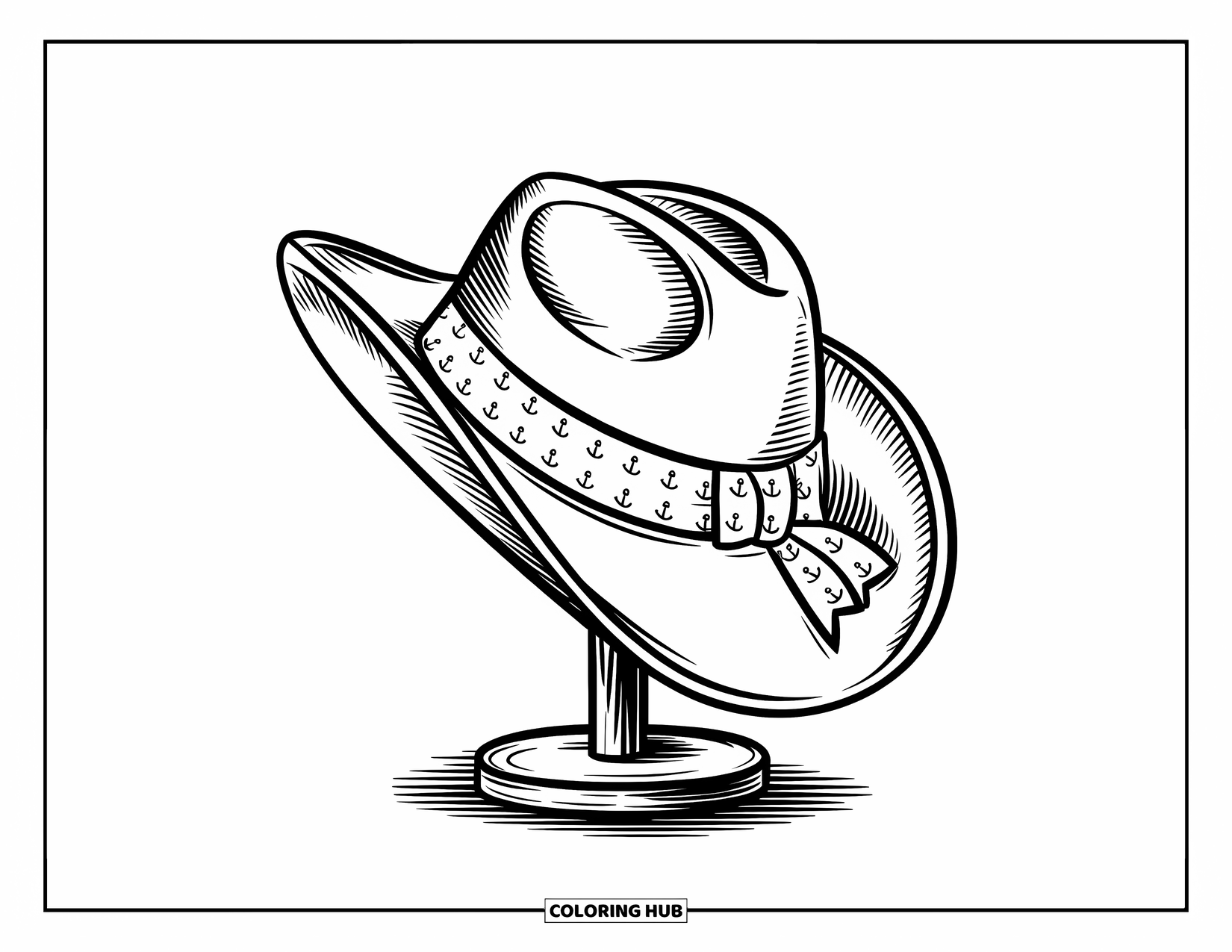 Cowboy Hat Preppy Coloring Page for Kids: A cowboy hat with an anchor ribbon sits on a wooden stand