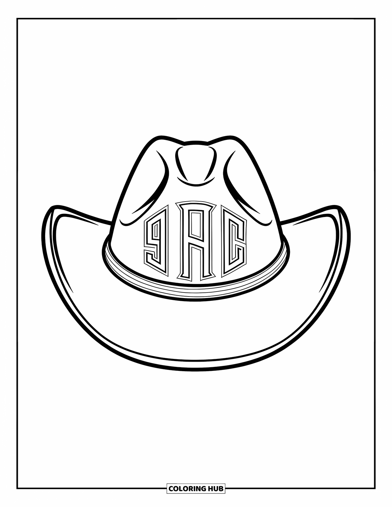 Cowboy Hat Preppy Coloring Page for Kids: A cowboy hat with bold embroidered initials rests against a plain background