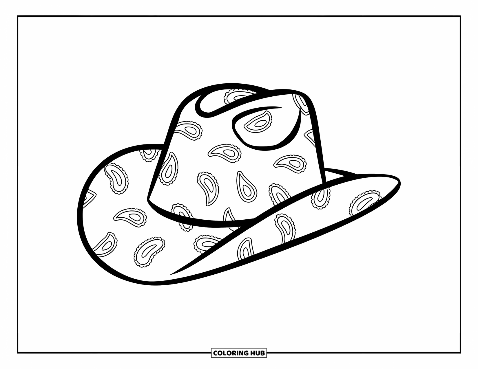 Cowboy Hat Preppy Coloring Page for Kids: A cowboy hat with crisp paisley outlines rests against a clean background