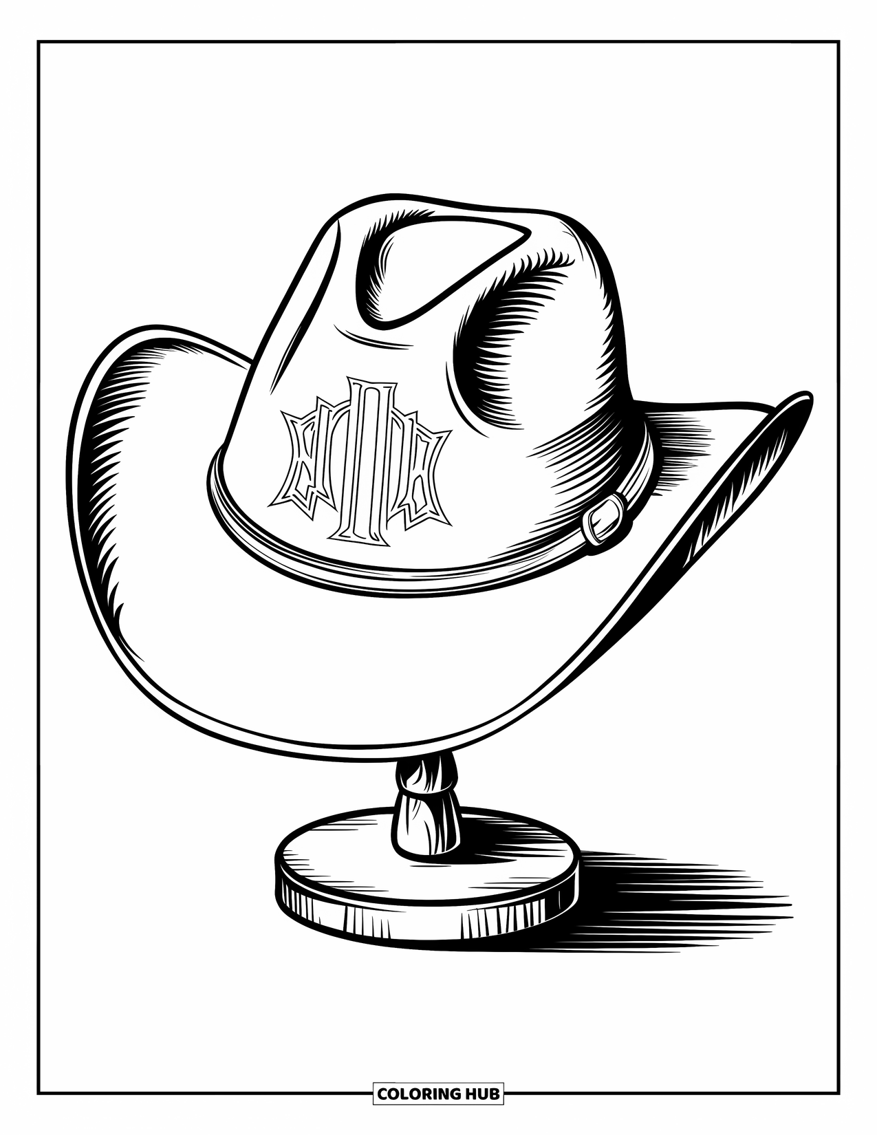 Cowboy Hat Preppy Coloring Page for Kids: A cowboy hat with embroidered initials sits proudly on a wooden stand