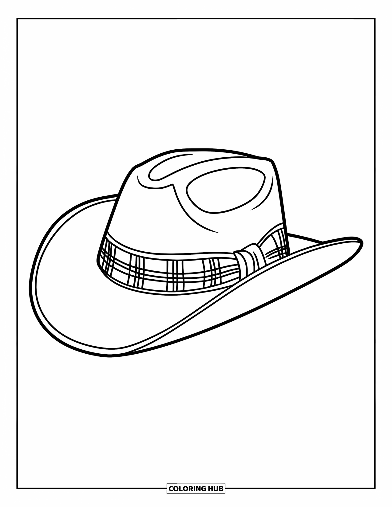 Cowboy Hat Preppy Coloring Page for Kids: A cowboy hat with plaid patterns across its brim and ribbon is displayed