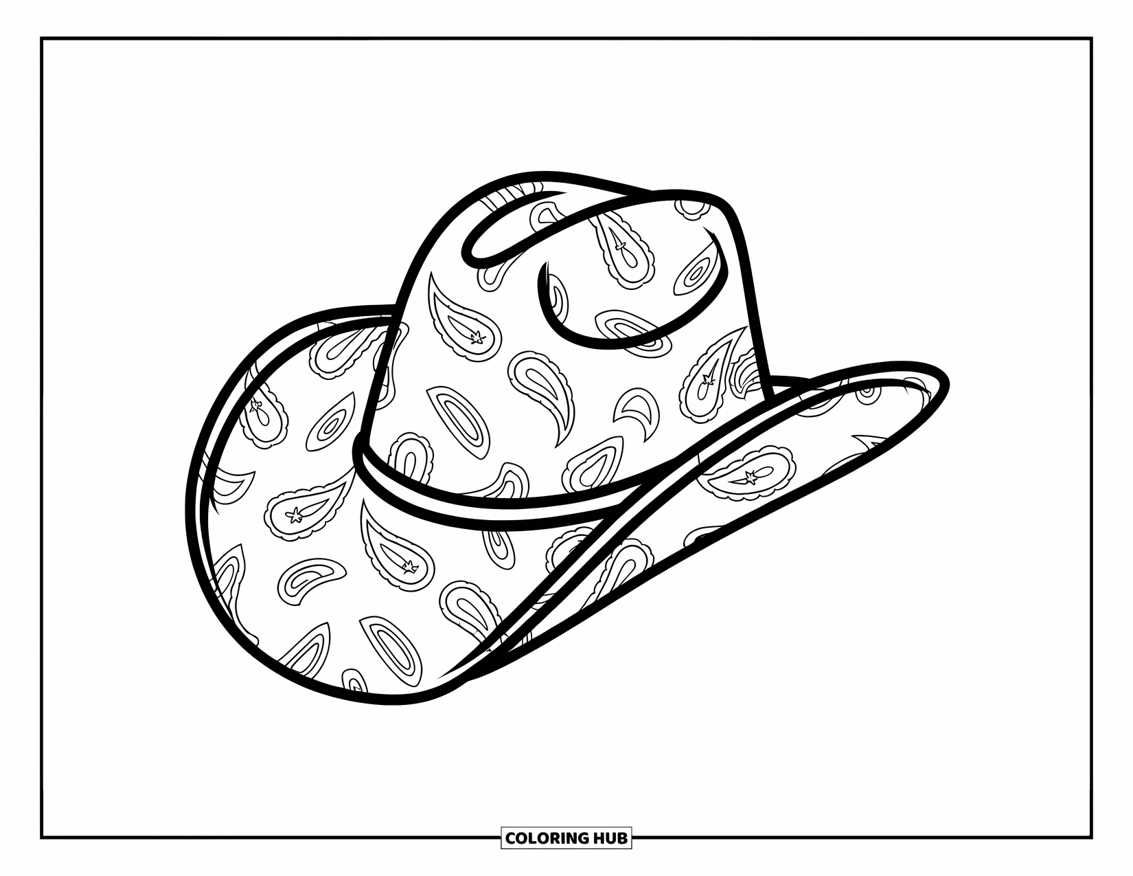 Cowboy Hat Preppy Coloring Page for Kids: A paisley-patterned cowboy hat sits ready to be colored on a plain background