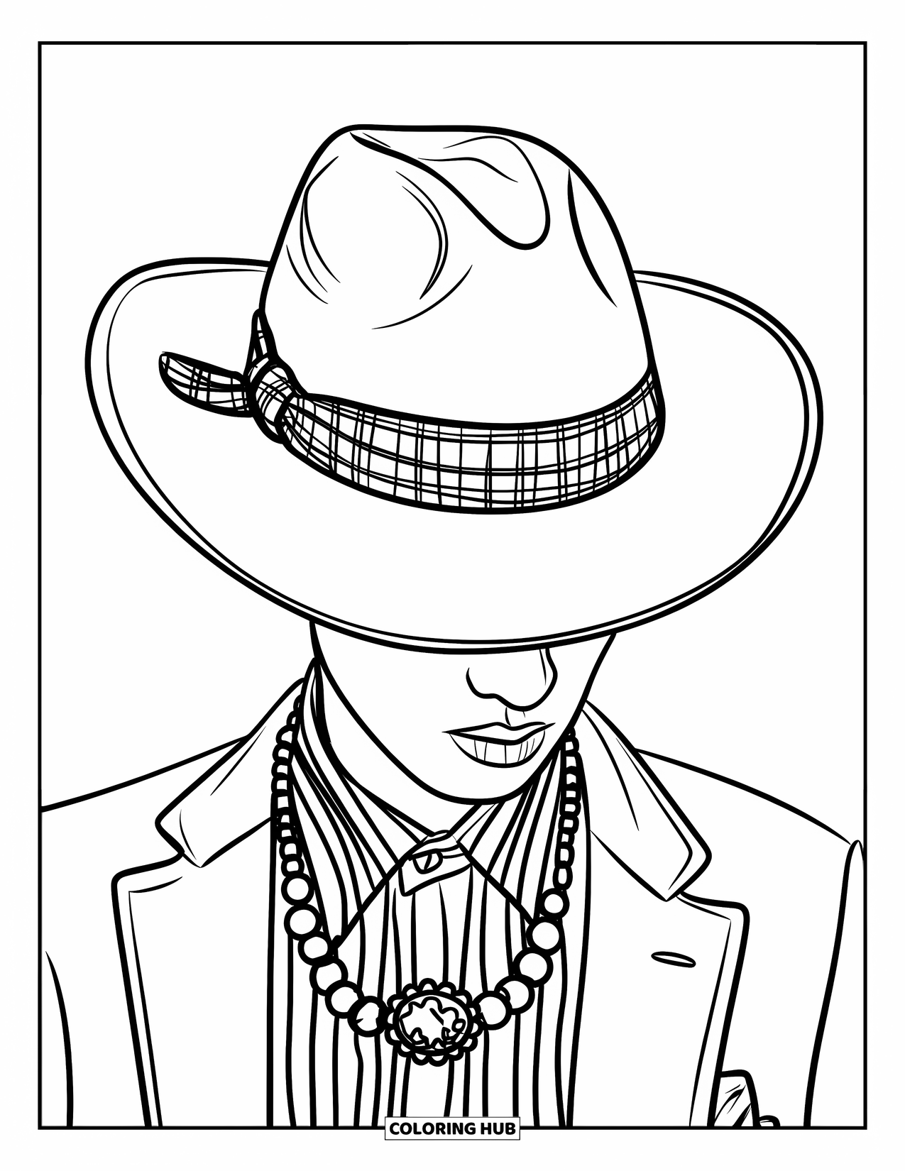 Cowboy Hat Preppy Coloring Page for Kids: A tilted cowboy hat with a gingham ribbon rests on a young man's head