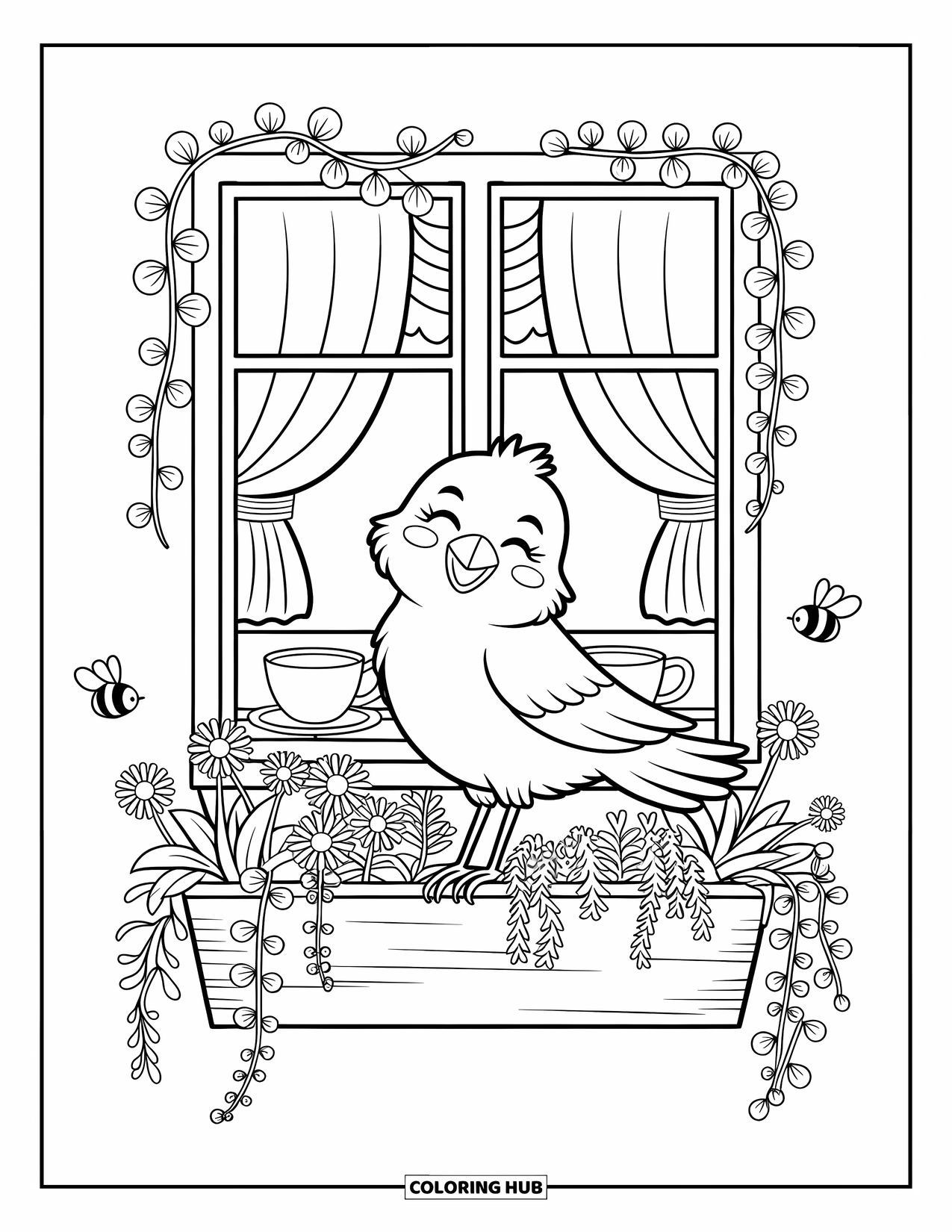 Crow Coloring Page for Adults: A cozy crow rests in a flower-filled window box beside fluttering curtains and a teacup