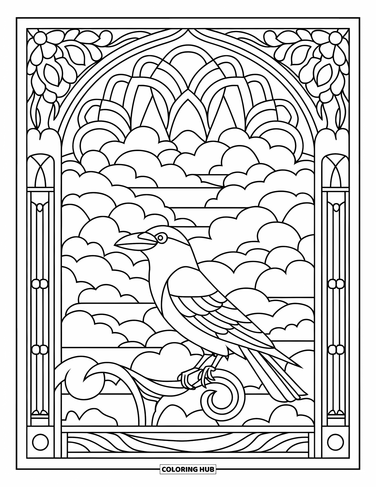 Crow Coloring Page for Adults: A crow on a branch is surrounded by detailed stained glass trees and cloud patterns