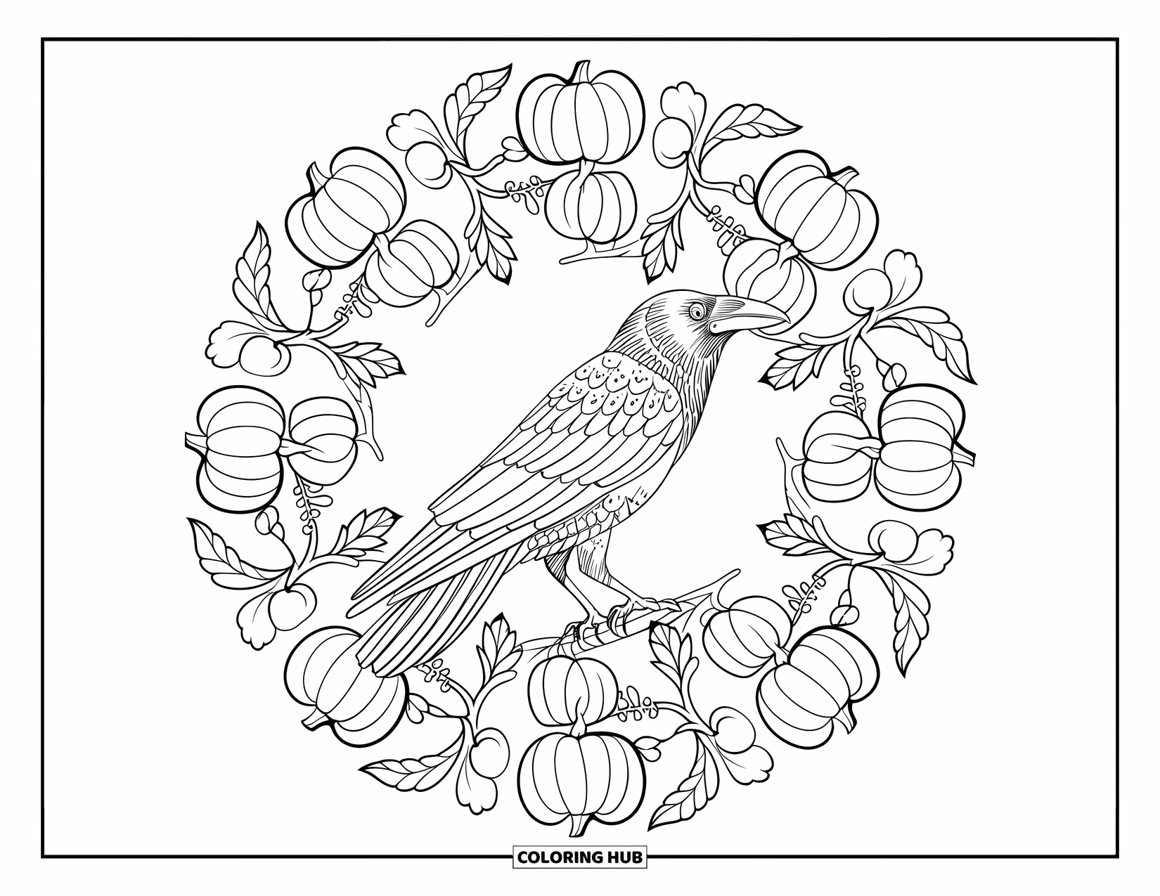 Crow Coloring Page for Adults: A crow perches in the center of a mandala made of pumpkins, leaves, and branches