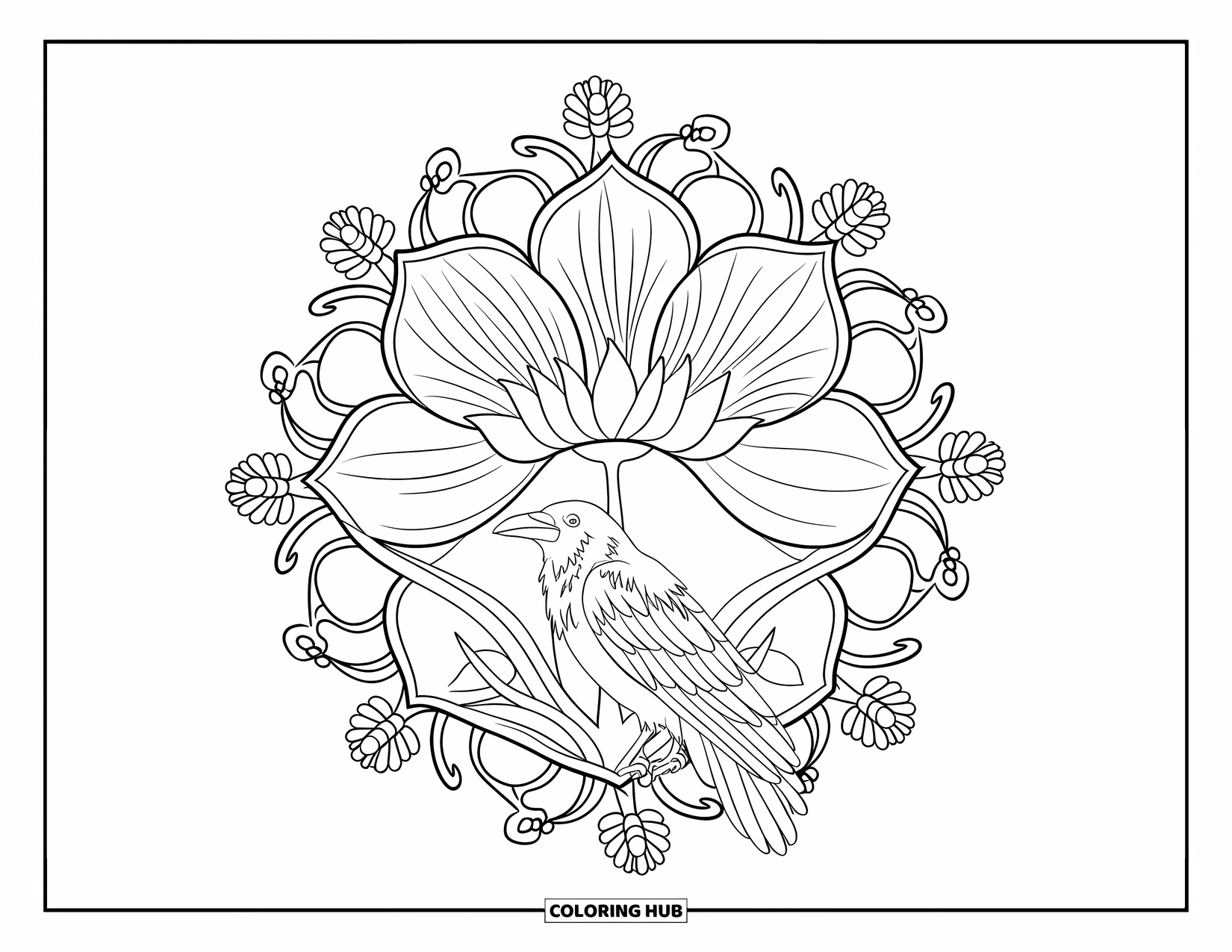 Crow Coloring Page for Adults: A crow sits beneath a large flower in a blooming mandala filled with twisting vines