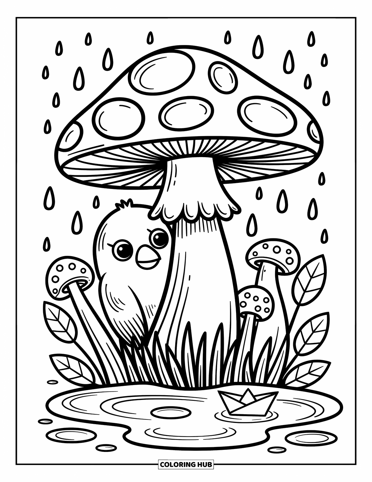 Crow Coloring Page for Adults: A happy crow sits dry under a mushroom while raindrops fall and a boat floats