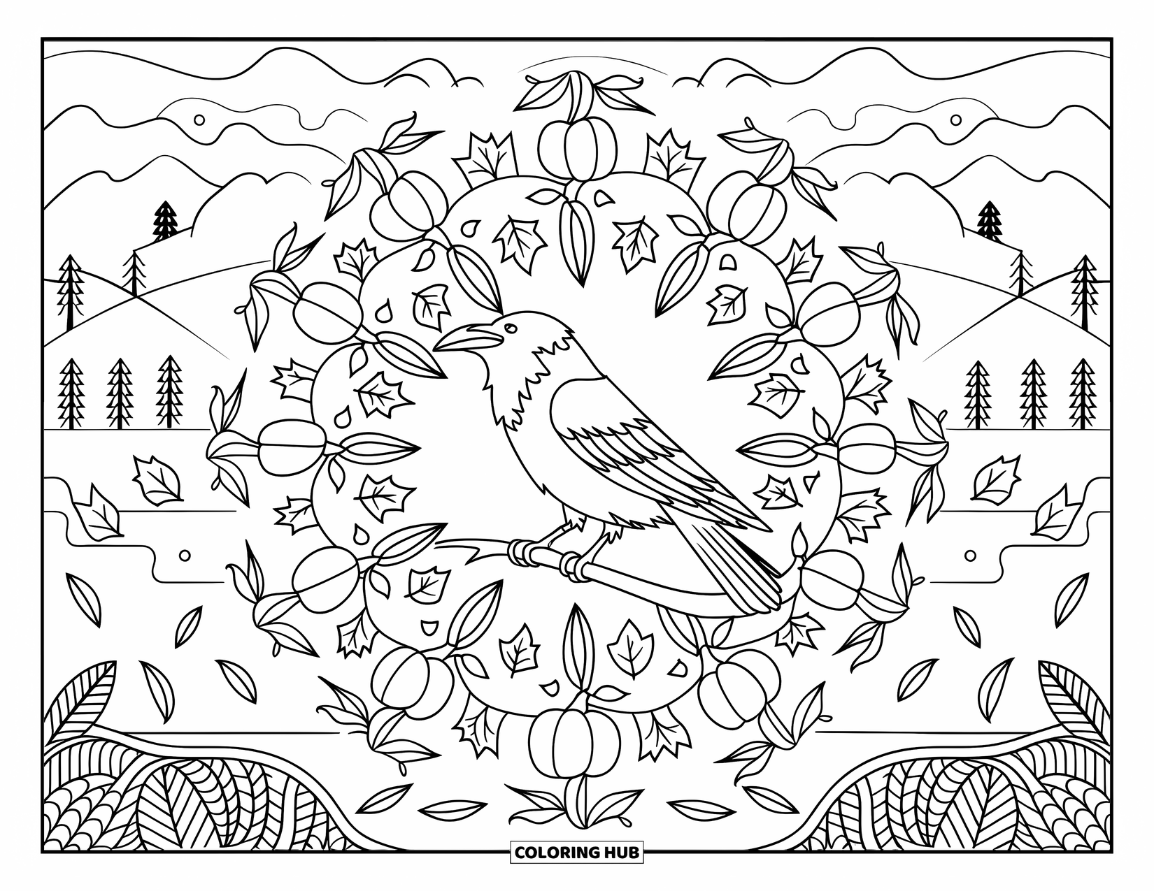 Crow Coloring Page for Adults: A perched crow is framed by a pumpkin mandala and a peaceful mountain landscape