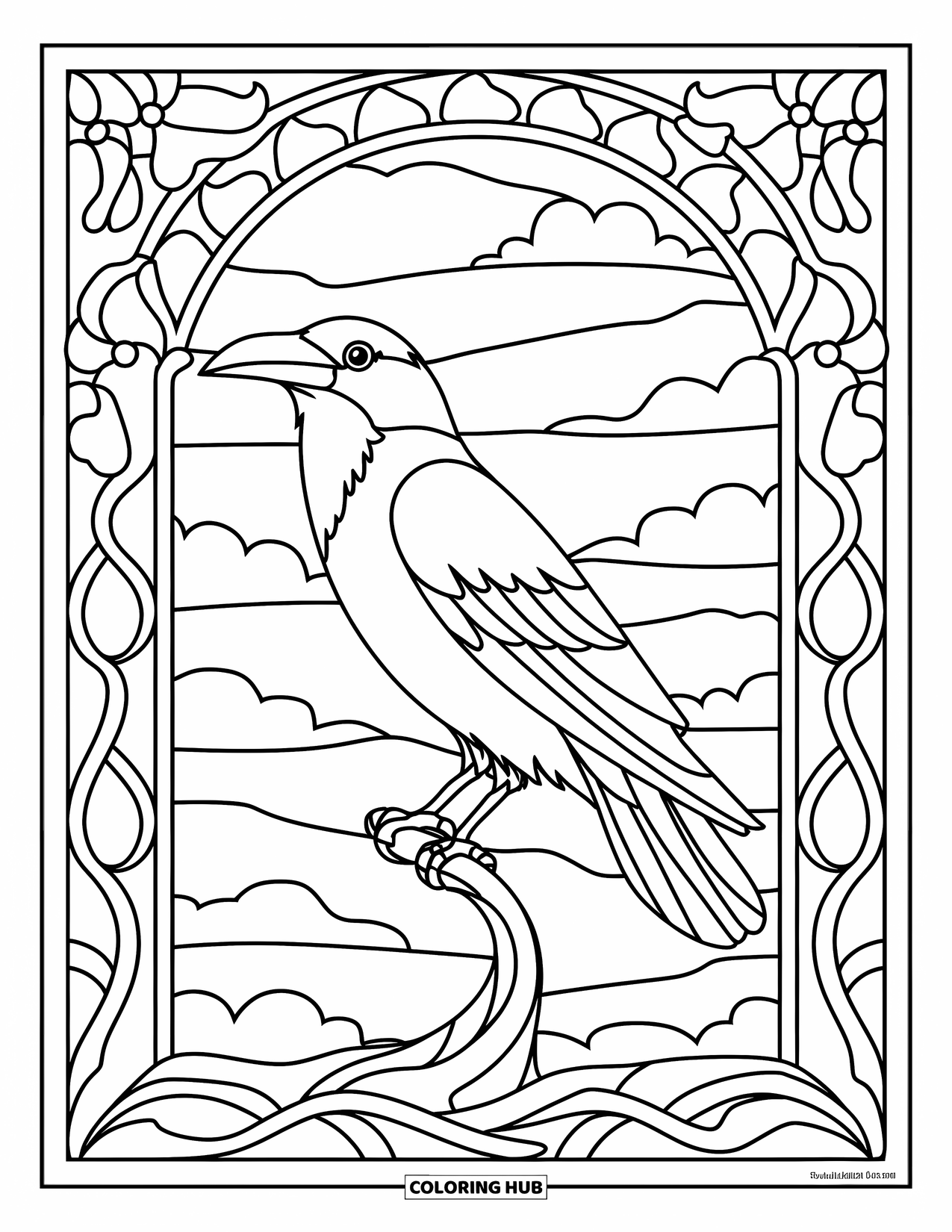 Crow Coloring Page for Adults: A perched crow is framed by stained glass trees and clouds in an intricate design