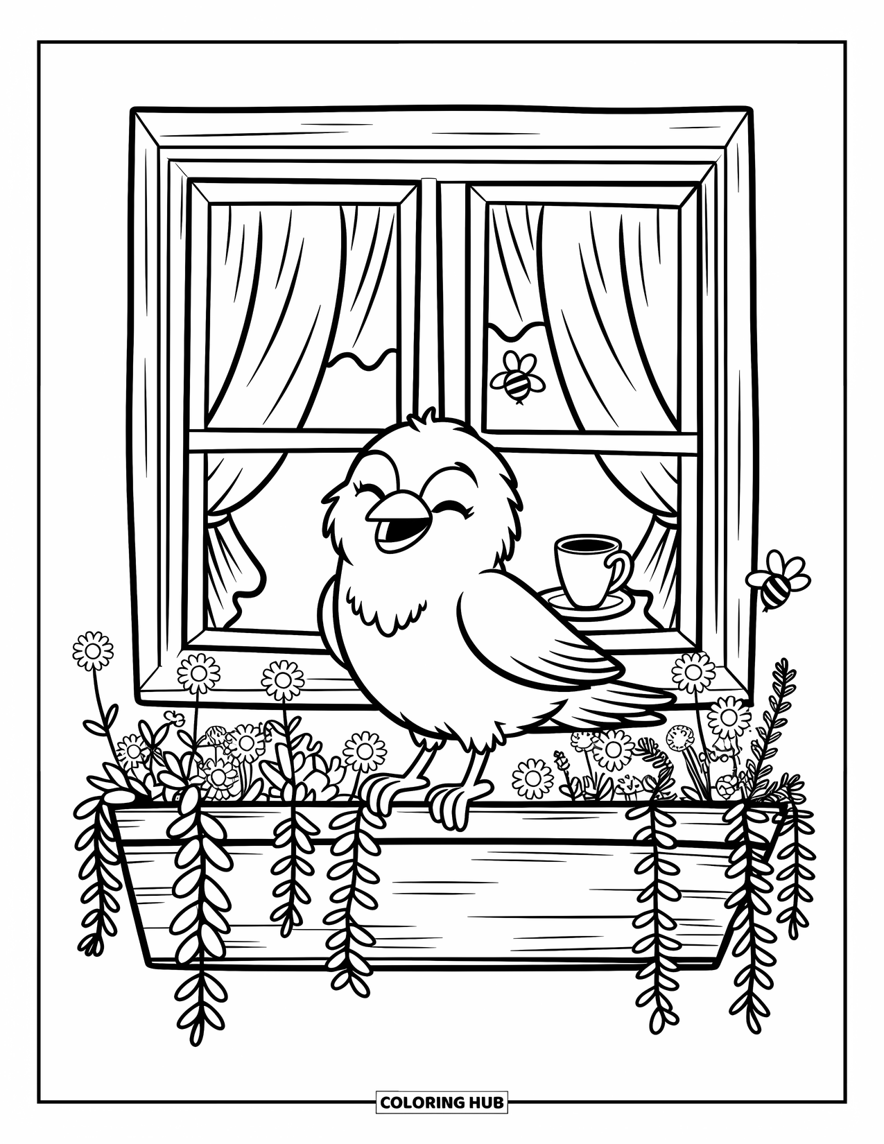 Crow Coloring Page for Adults: A playful crow perches in a window box with ivy, daisies, and a buzzing bee
