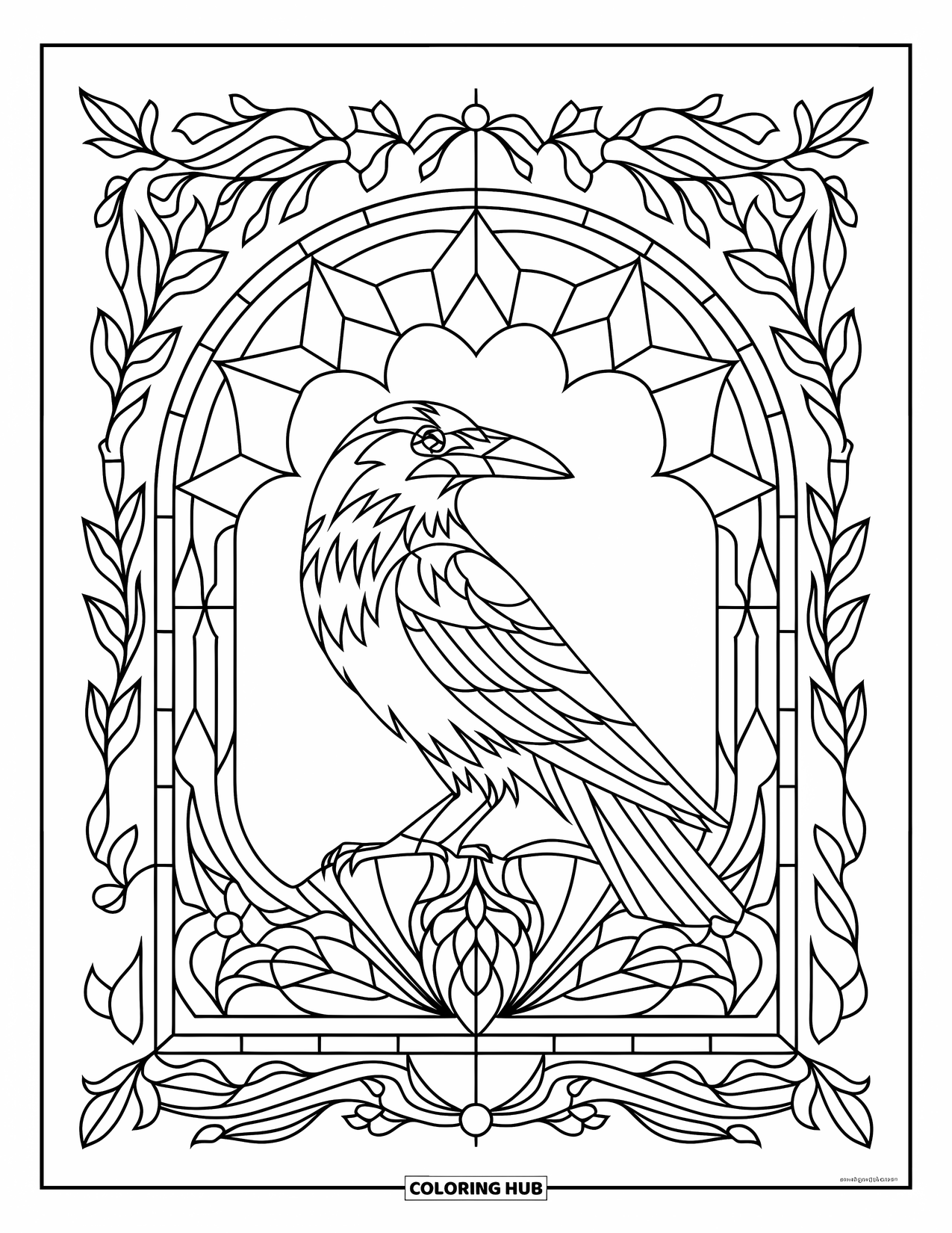 Crow Coloring Page for Adults: A side-facing crow stands in a stained glass window of leaves and wildflowers