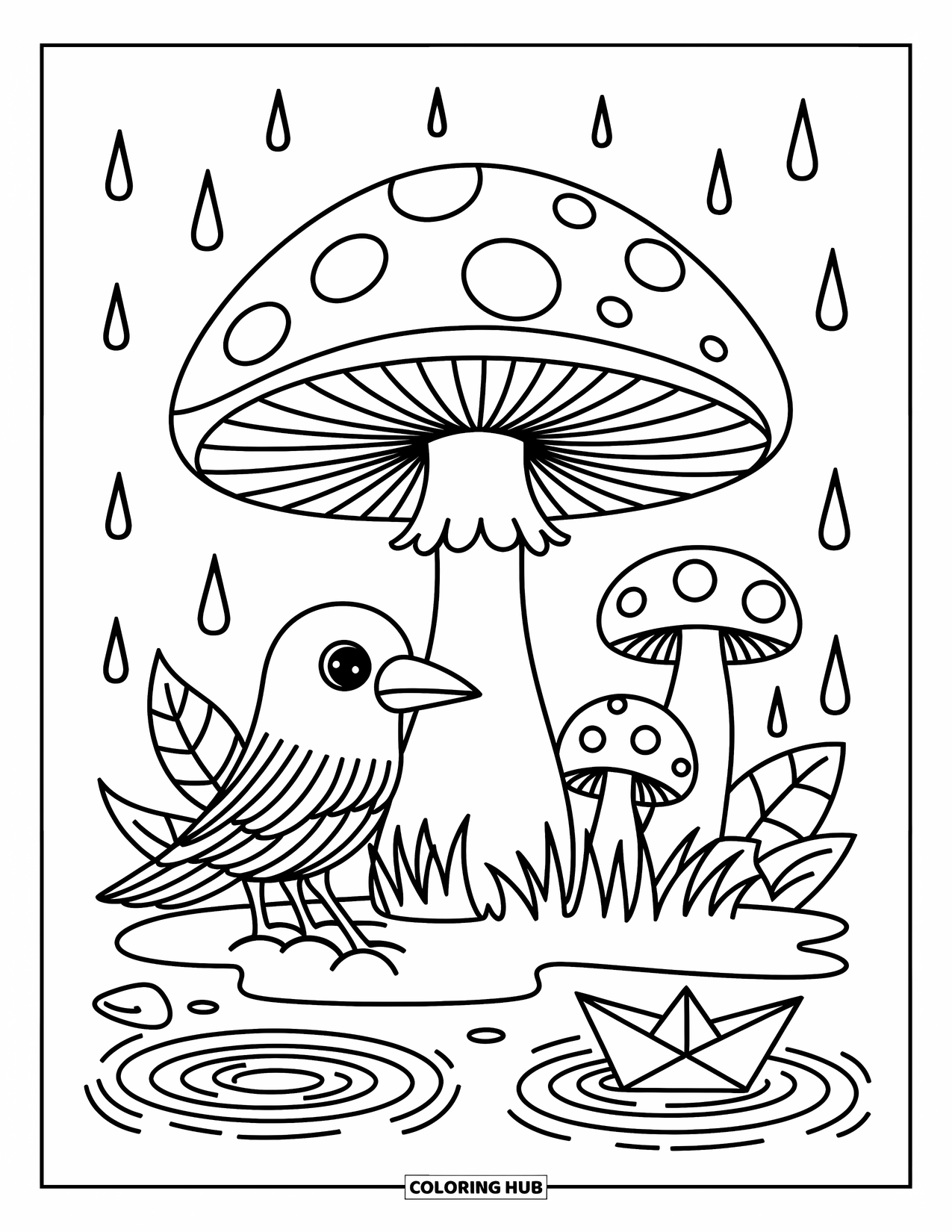 Crow Coloring Page for Adults: A sweet crow curls under a mushroom beside a puddle with leaves and a paper boat