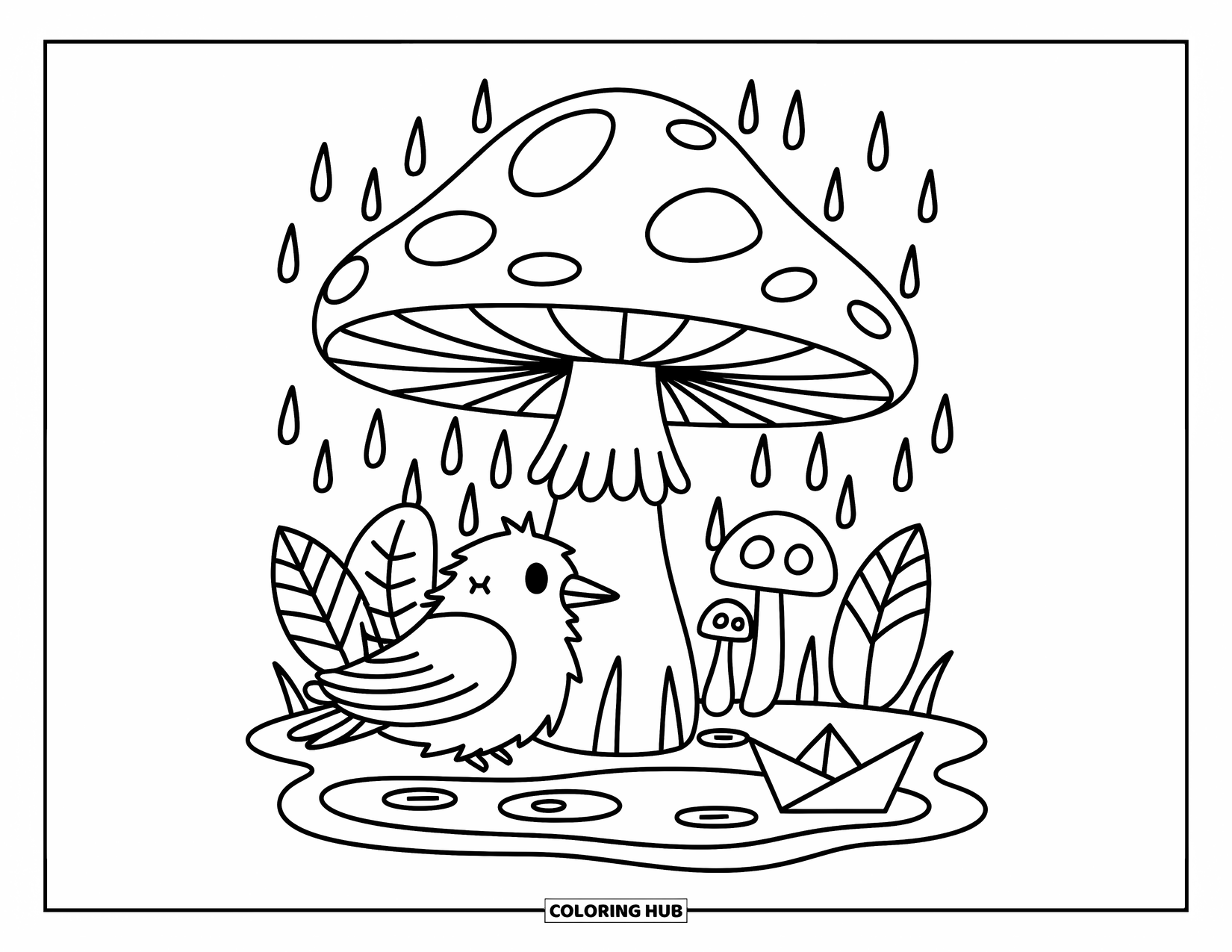 Crow Coloring Page for Adults: A tiny crow shelters under a mushroom cap with ripples, leaves, and a paper boat nearby