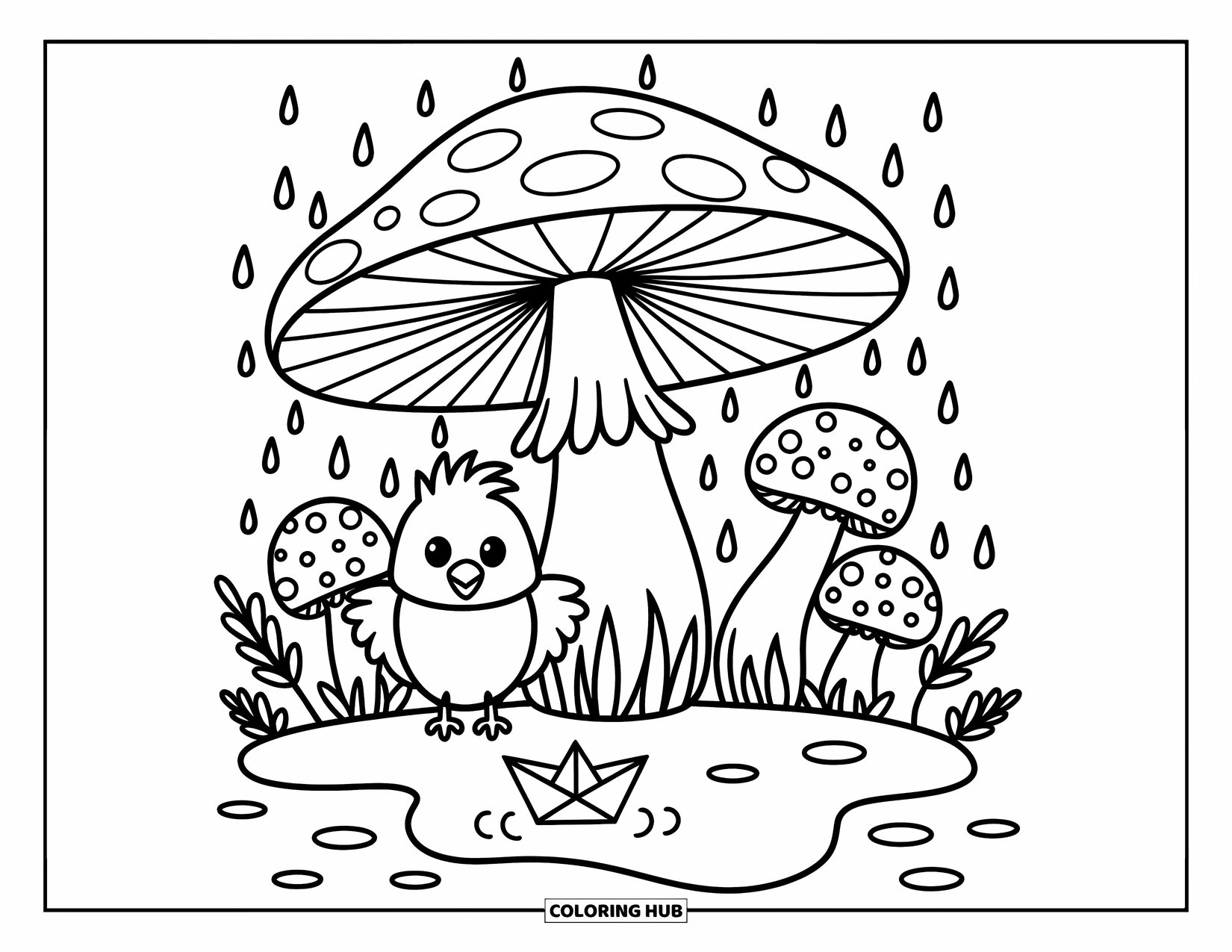 Crow Coloring Page for Adults: An adorable crow sits cozy under a mushroom, beside puddles, leaves, and a paper boat