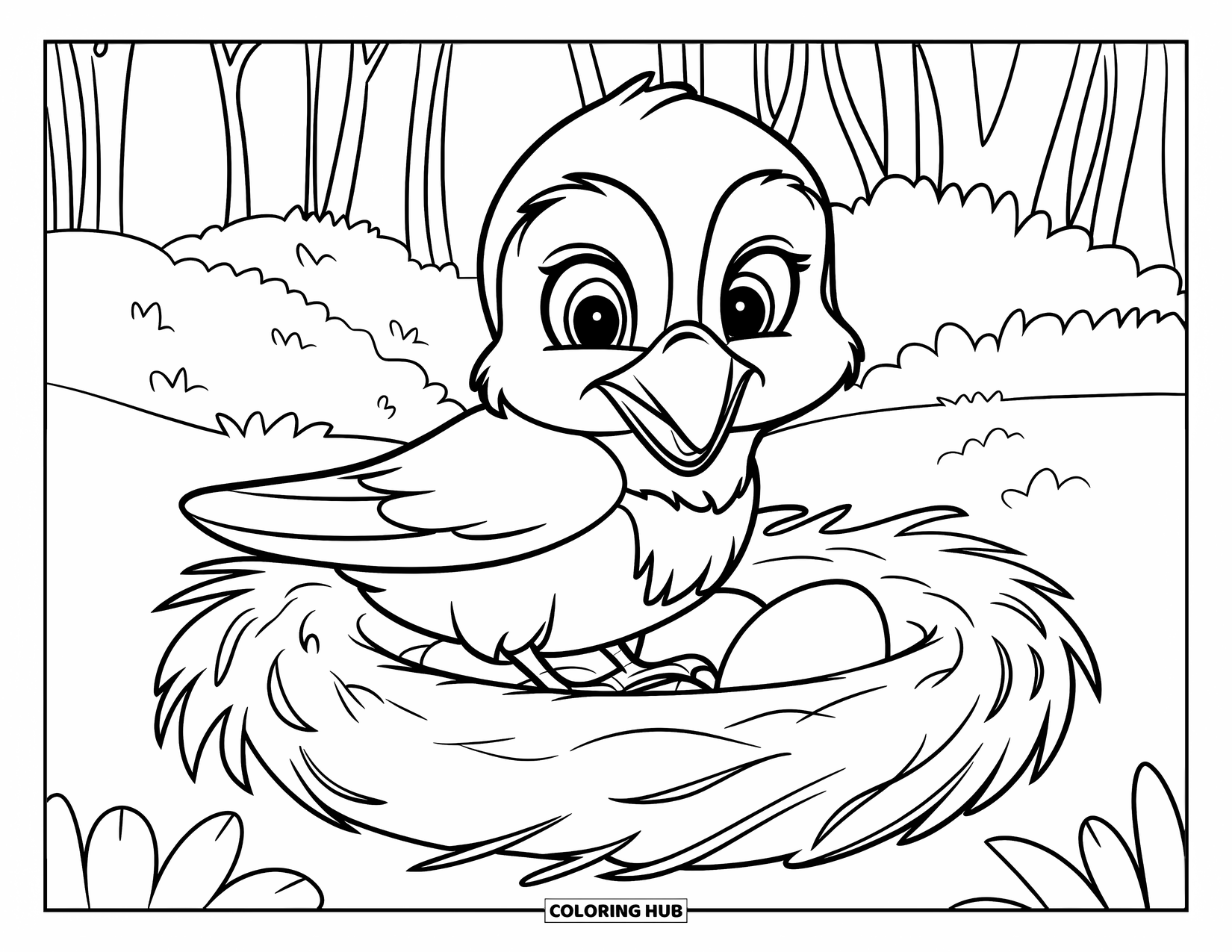 Crow Coloring Page for Kids: A baby crow sits on a nest with two eggs in a peaceful forest