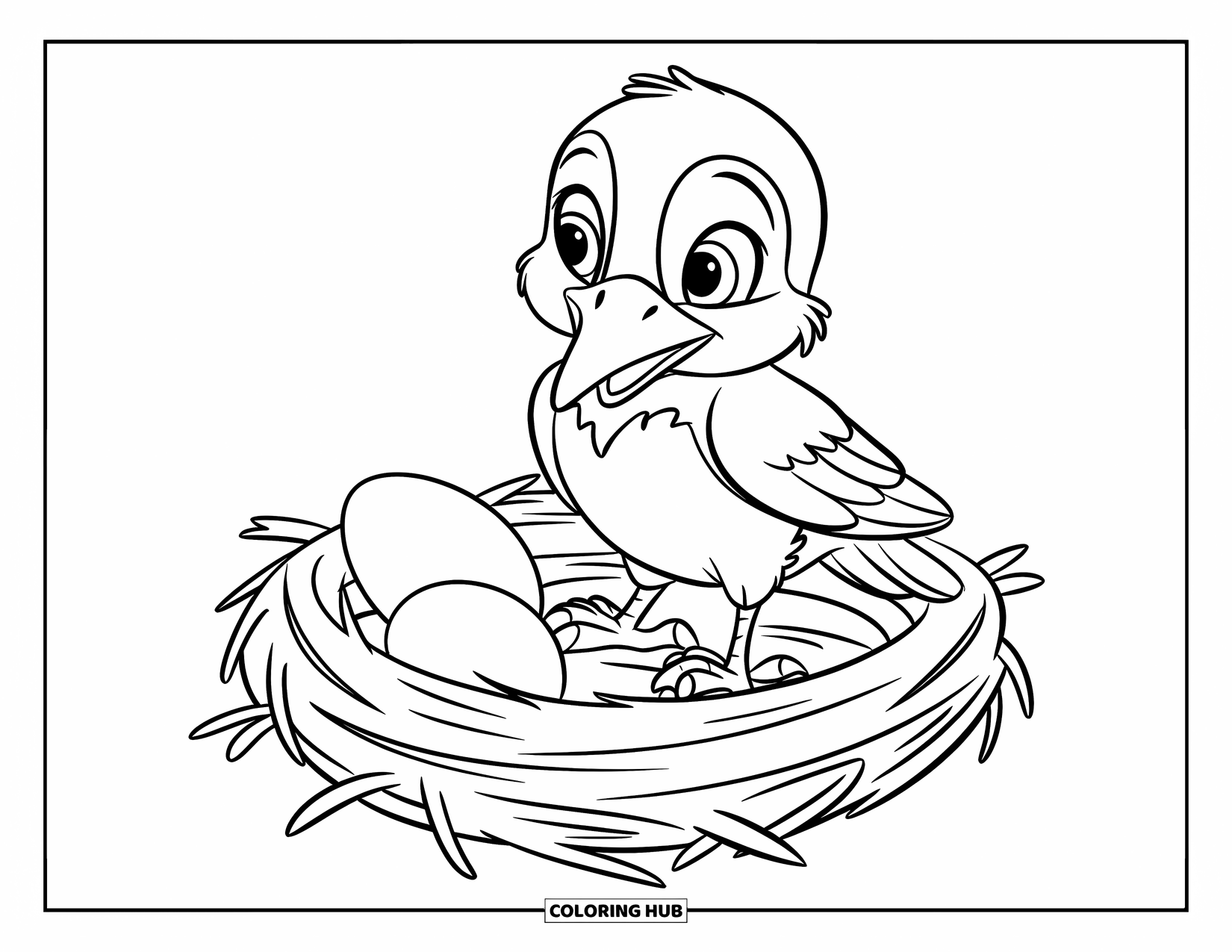 Crow Coloring Page for Kids: A cheerful baby crow relaxes in a nest with two eggs on a branch