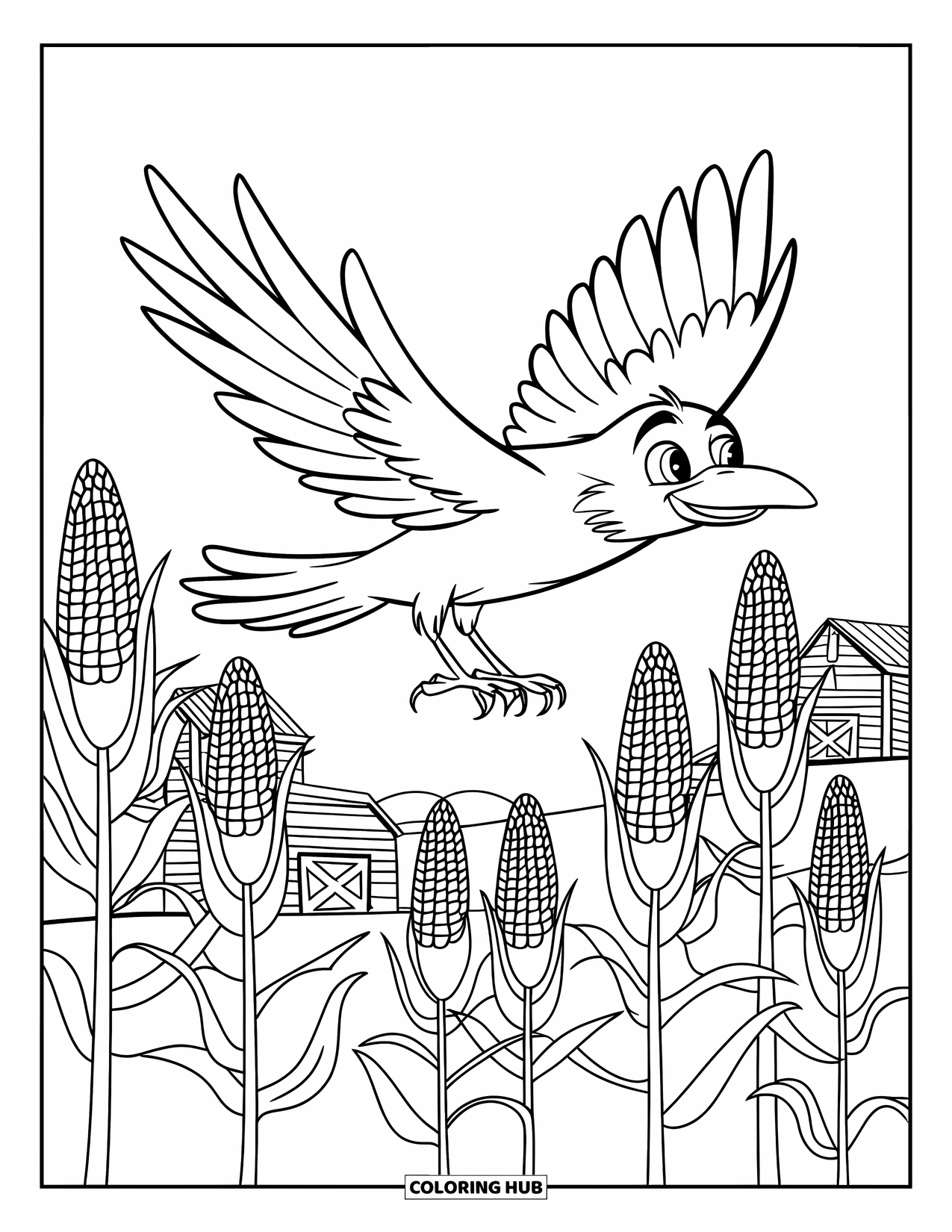 Crow Coloring Page for Kids: A cheerful crow flies above corn stalks and tiny barns