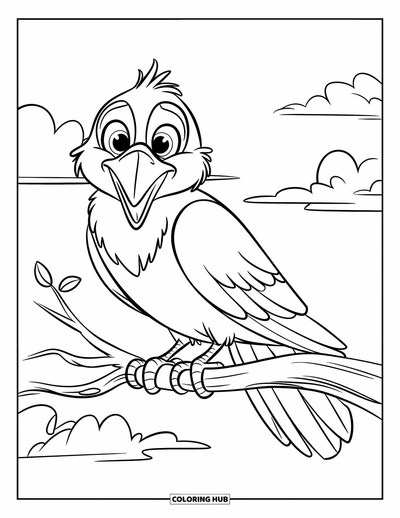 Crow Coloring Page for Kids: A cheerful crow with big eyes sits on a branch with a single leaf