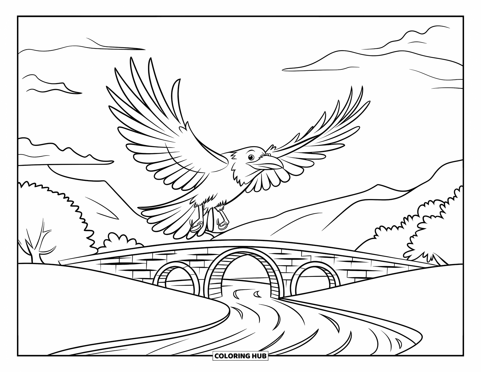 Crow Coloring Page for Kids: A crow glides over a winding river beneath a cloudy sky