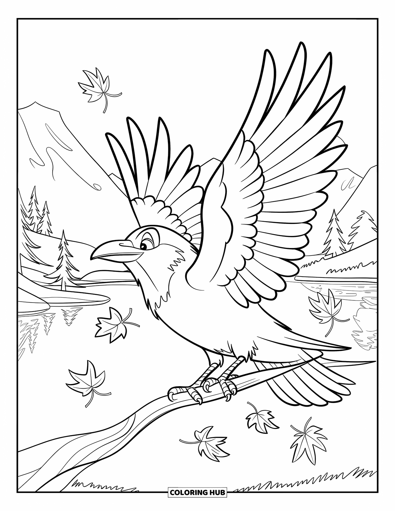 Crow Coloring Page for Kids: A crow perches calmly as leaves drift in a mountain forest
