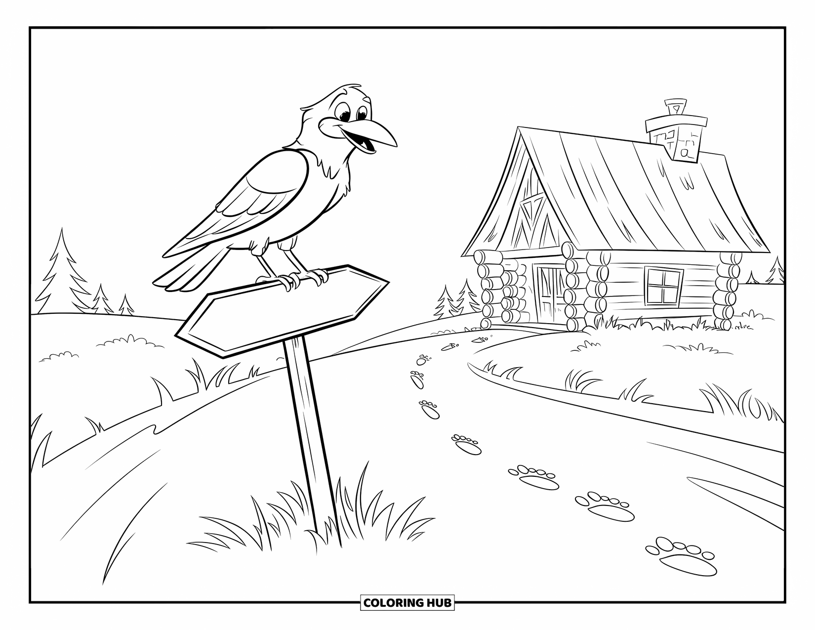 Crow Coloring Page for Kids: A crow perches on a road sign near a log cabin