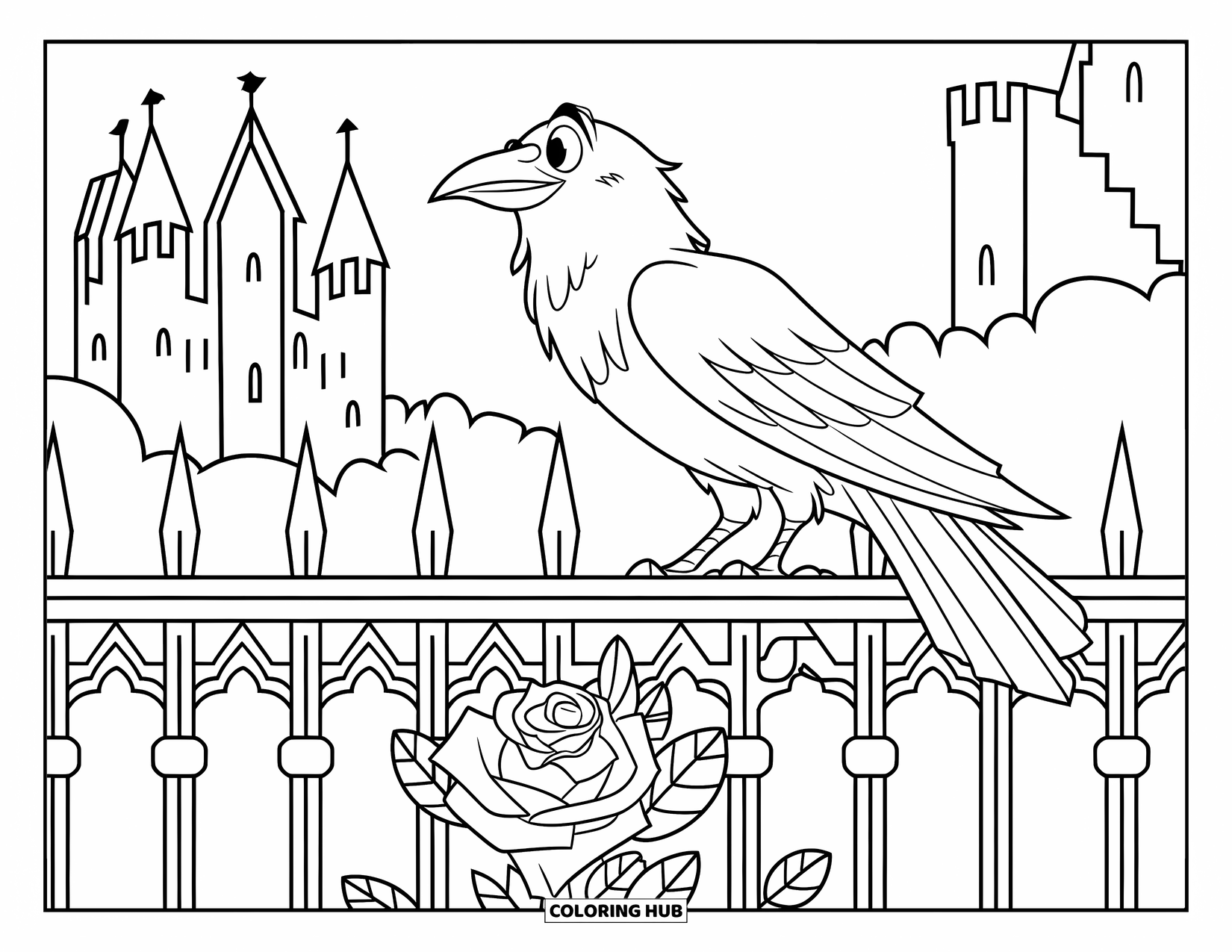 Crow Coloring Page for Kids: A crow rests on a gothic fence with a castle in the distance