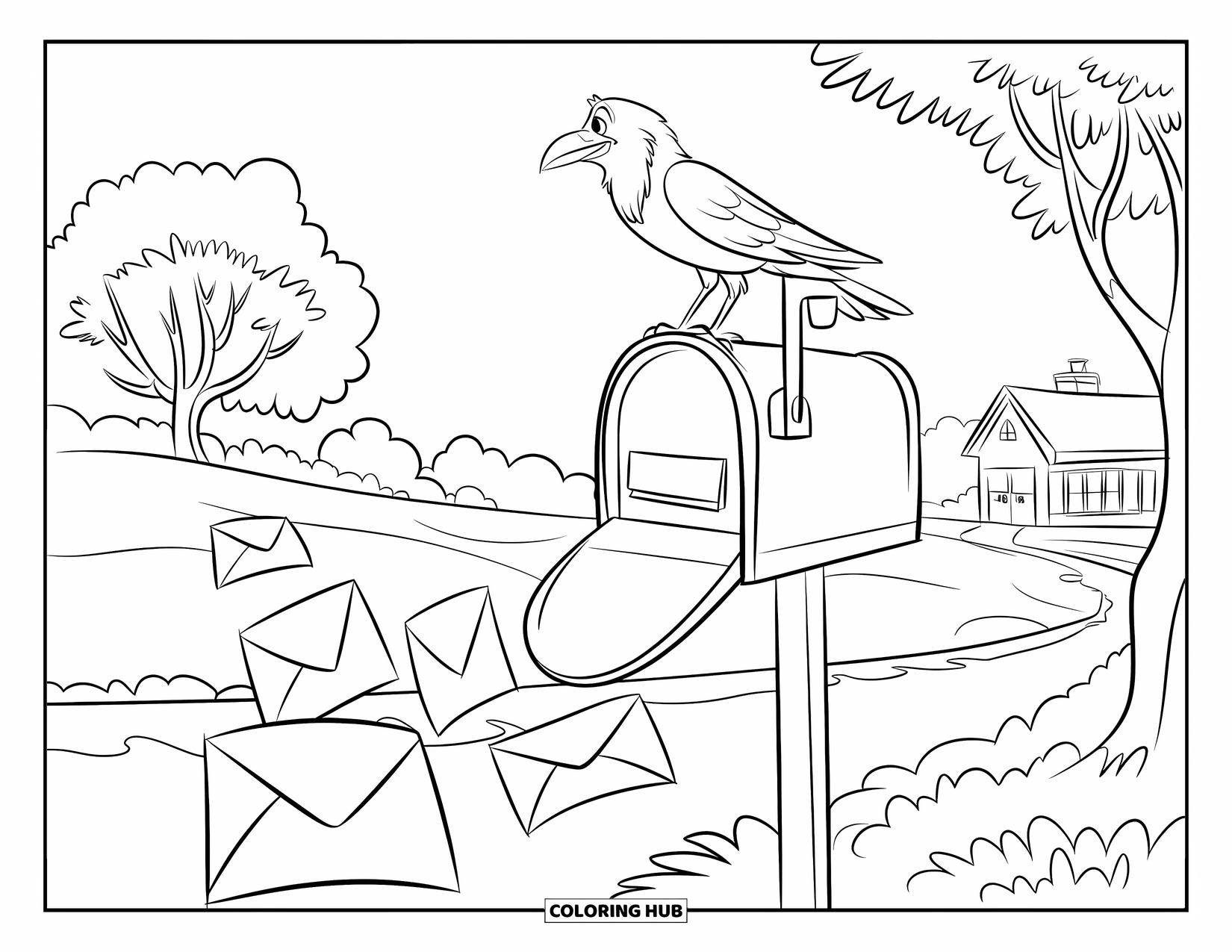 Crow Coloring Page for Kids: A crow sits on a mailbox with floating letters nearby