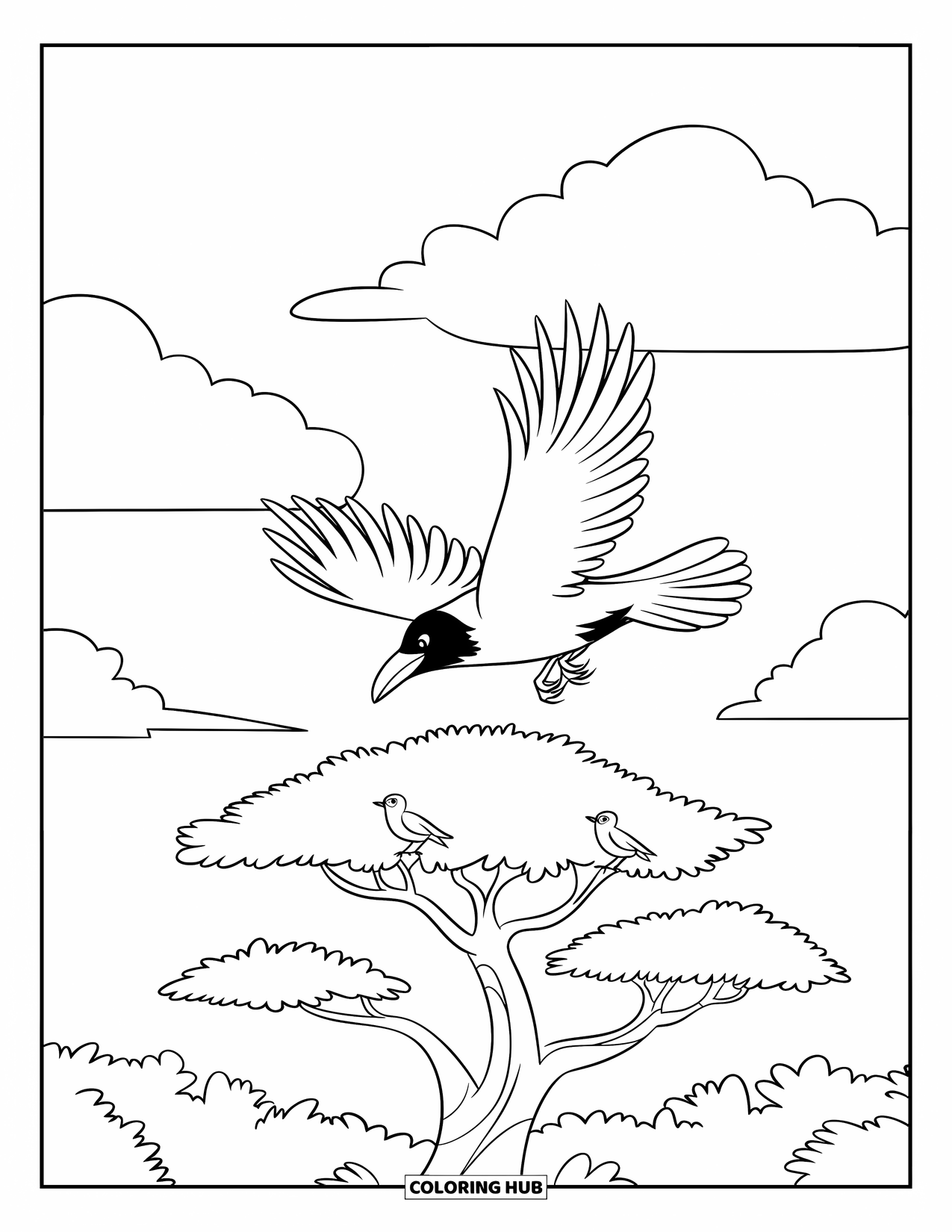 Crow Coloring Page for Kids: A crow soars above a tree with two birds and three fluffy clouds